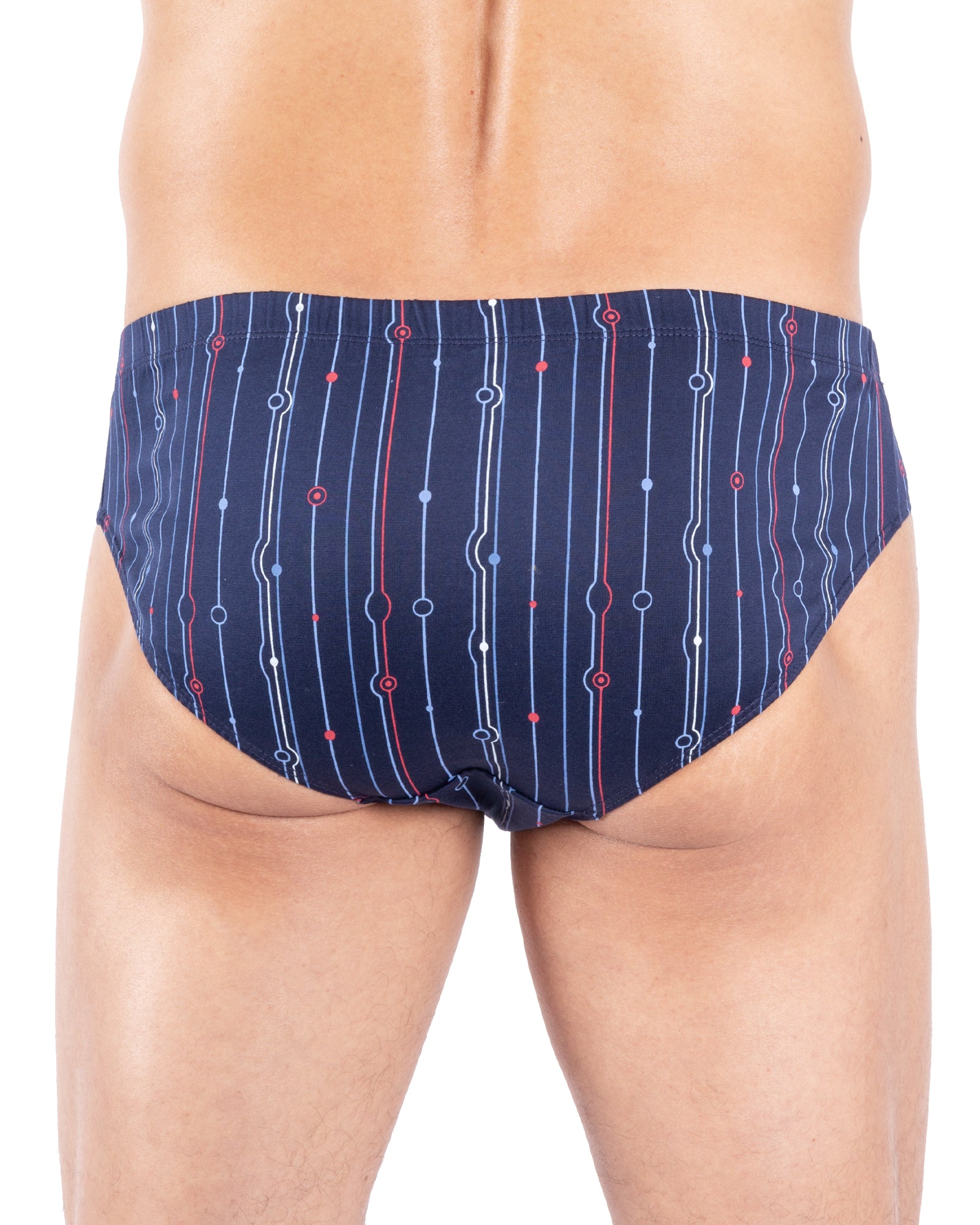 Dos du slip imprimé à rayures en coton mercerisé – modèle Bleu Marine.