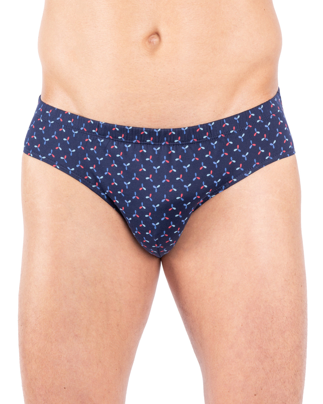 Vue avant d’un slip taille basse imprimé en coton mercerisé, coloris bleu marine, issu du pack de 2 slips.