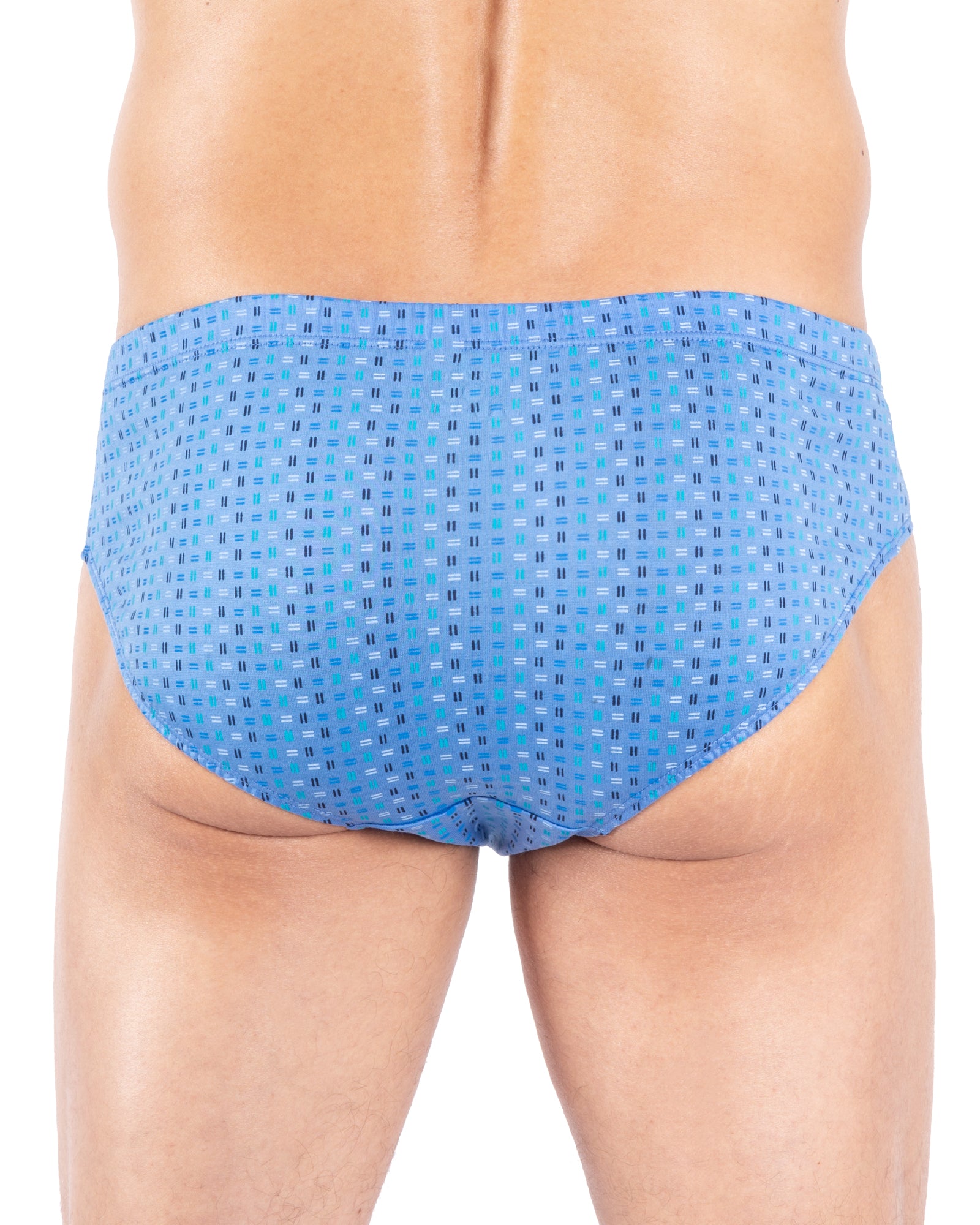 Vue arrière du slip taille basse imprimé bleu ciel, idéal pour un usage quotidien avec un confort durable.