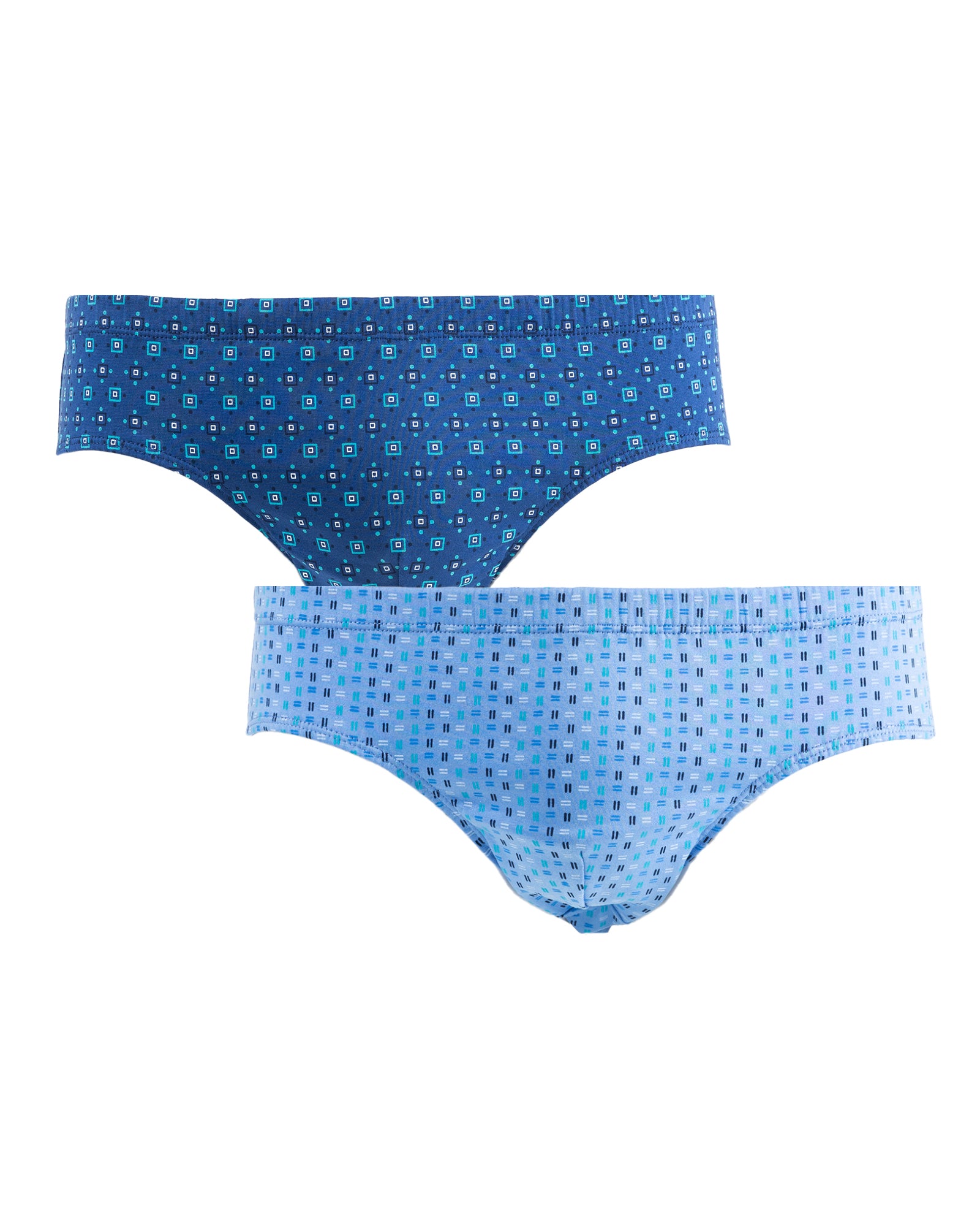 Ensemble slips taille basse imprimé, vue avant du modèle bleu en coton mercerisé.