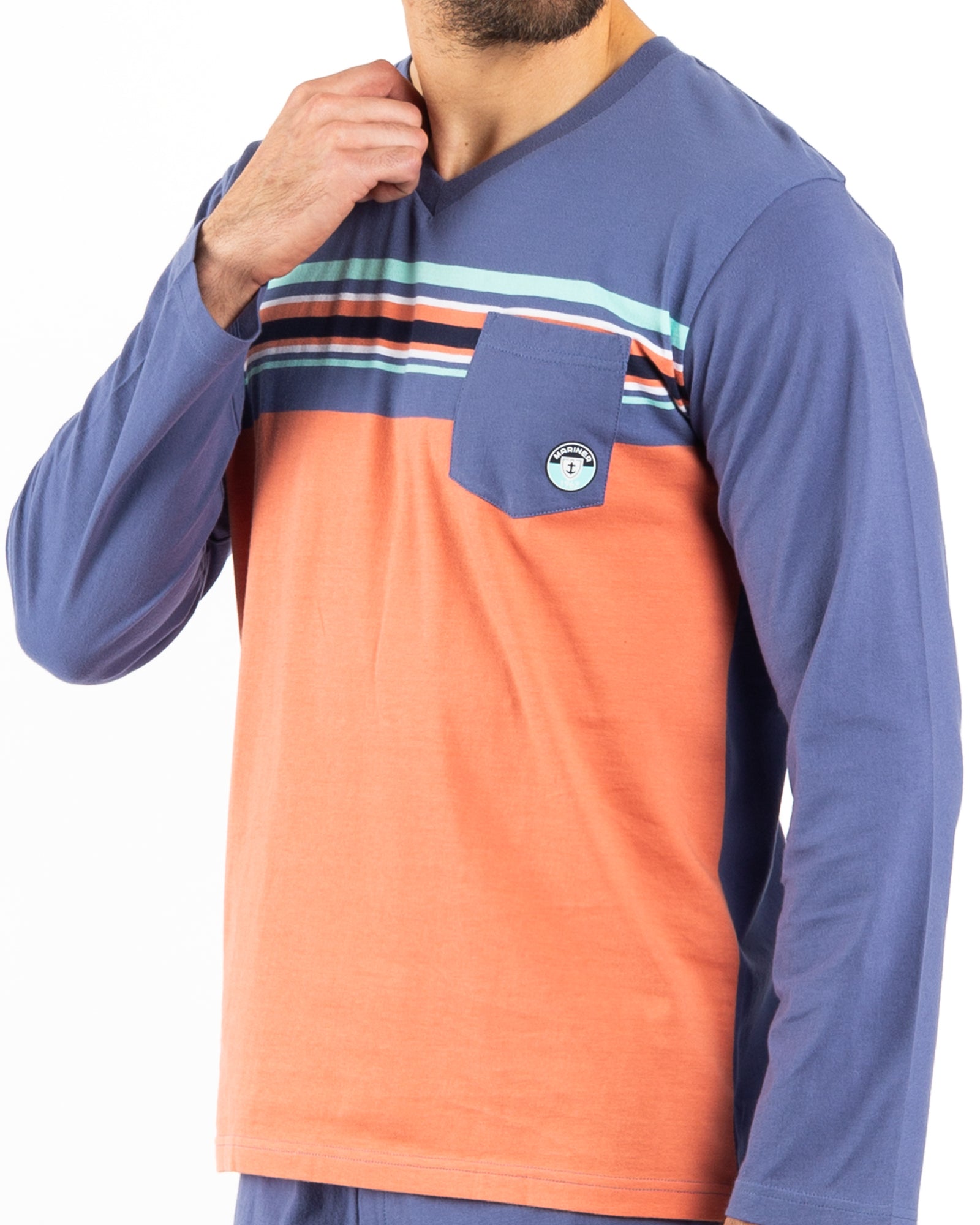 Pyjama Col V en Coton peigné BLEU MARINE E473