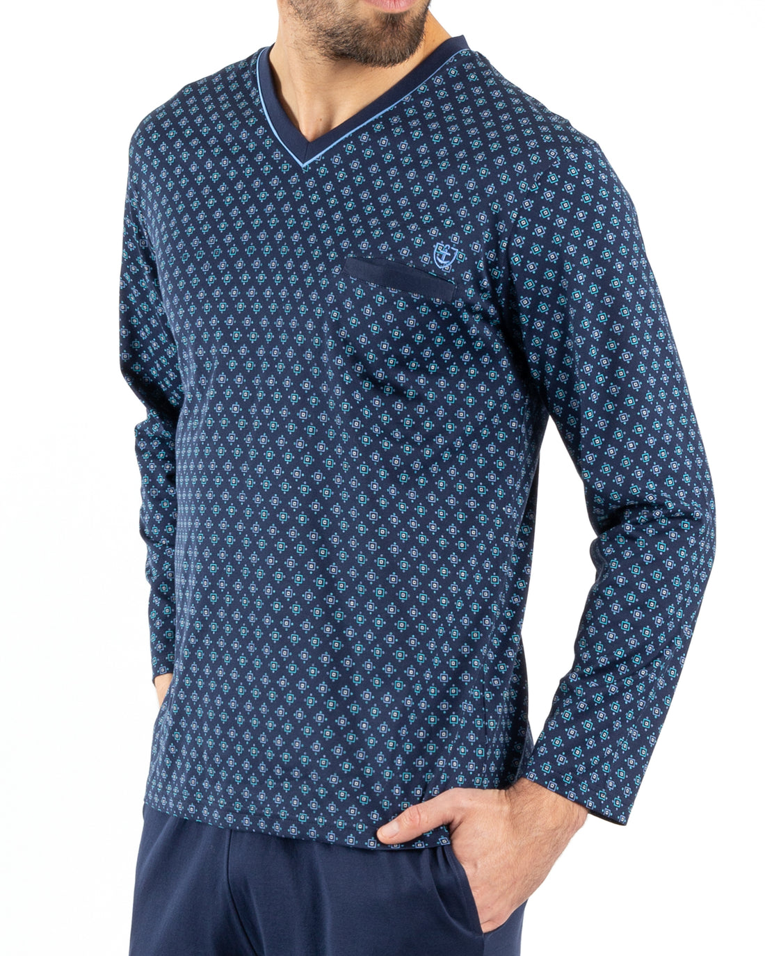 Pyjama Col V en Coton Mercerisé Imprimé MARINE E476