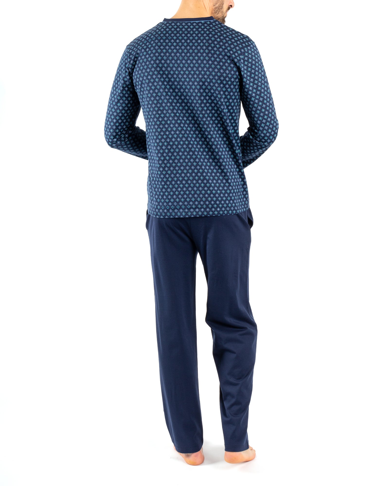 Pyjama Col V en Coton Mercerisé Imprimé MARINE E476