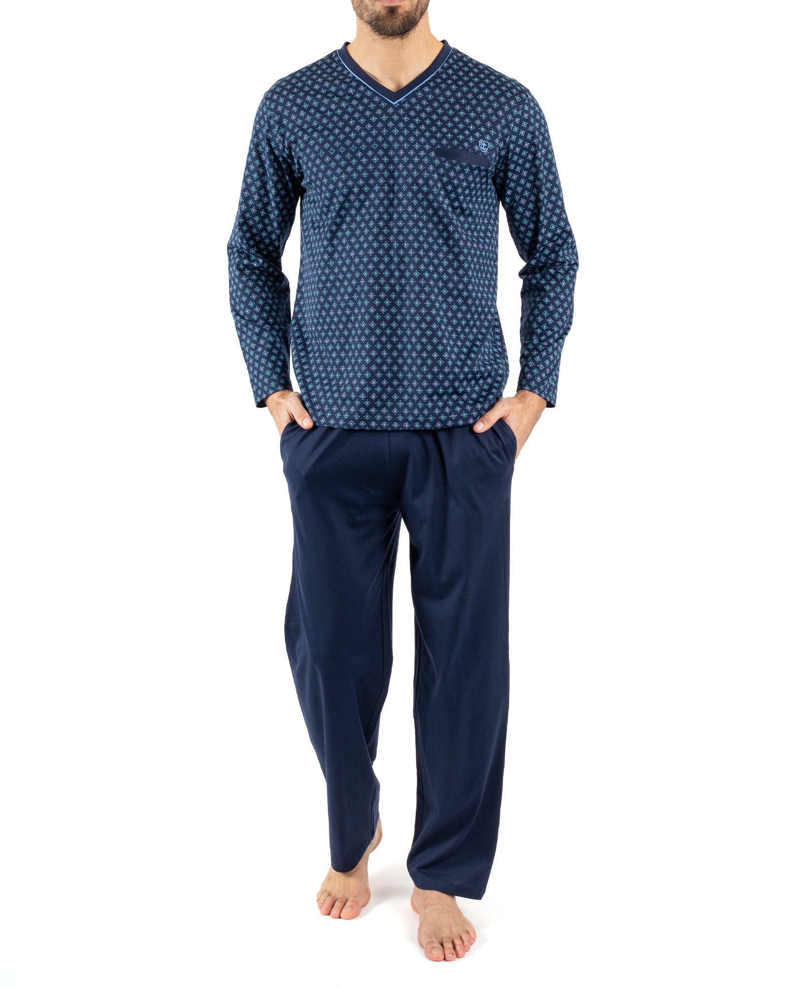 Pyjama Col V en Coton Mercerisé Imprimé MARINE E476