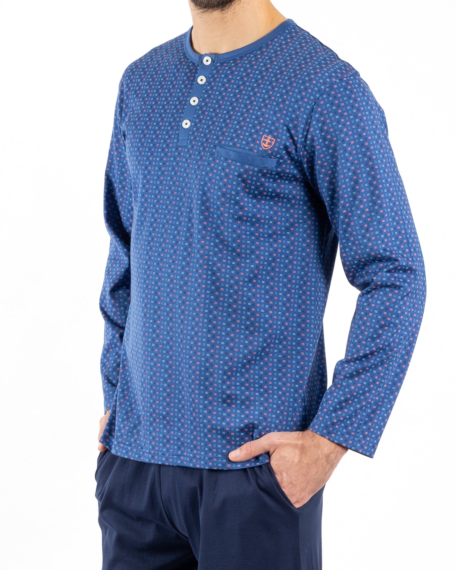 Pyjama Col boutonné en Coton Mercerisé Imprimé BLEU E477