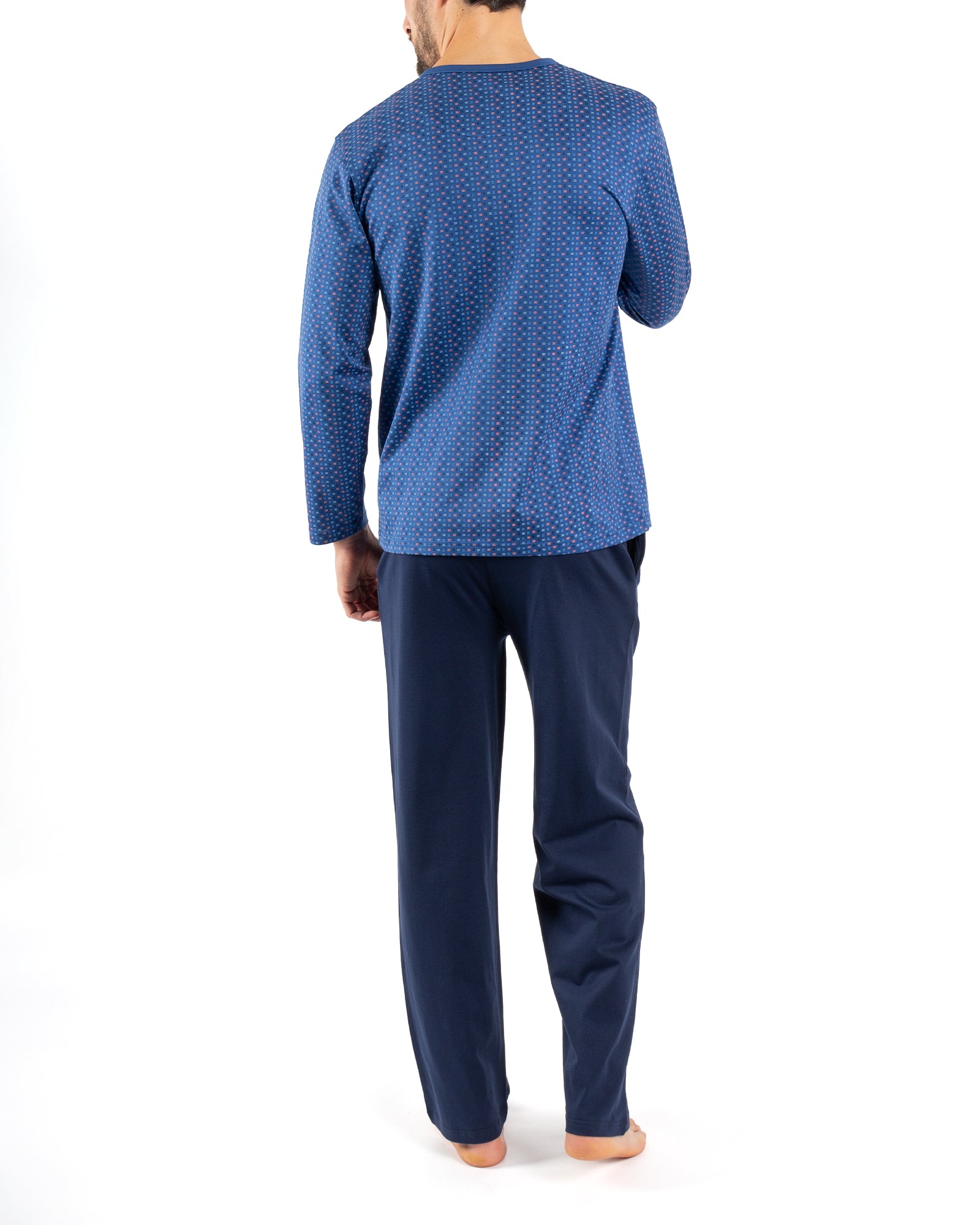 Pyjama Col boutonné en Coton Mercerisé Imprimé BLEU E477