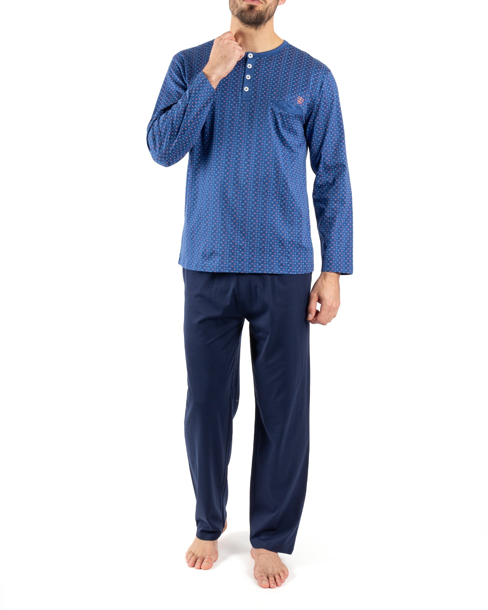 Pyjama Col boutonné en Coton Mercerisé Imprimé BLEU E477
