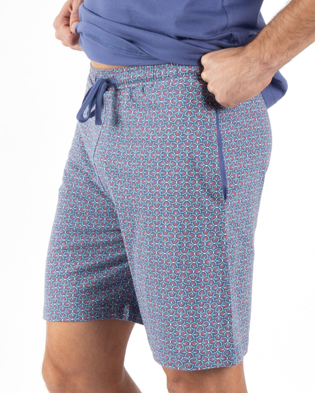Korte pyjama met V-hals van BLAUW DENIM katoenjersey met bedrukte zak