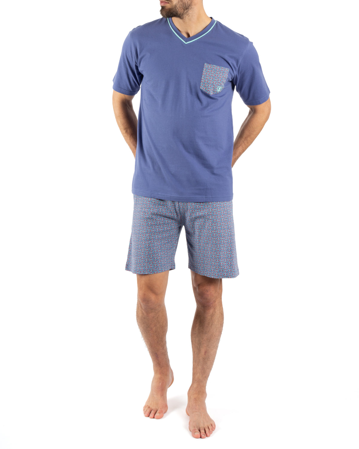 Korte pyjama met V-hals van BLAUW DENIM katoenjersey met bedrukte zak