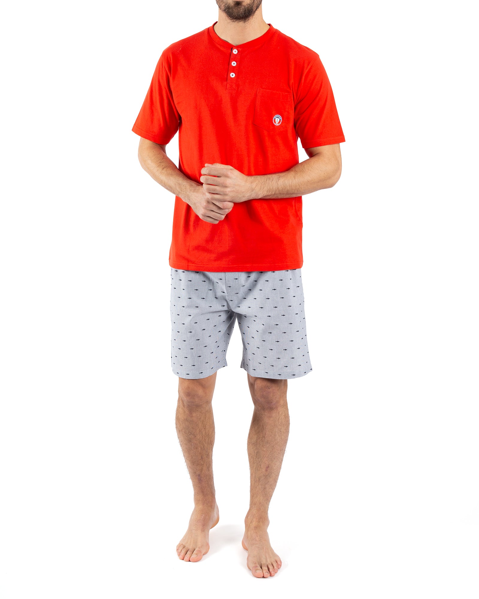 Pyjashort en Popeline Imprimée et Jersey Pur Coton ROUGE