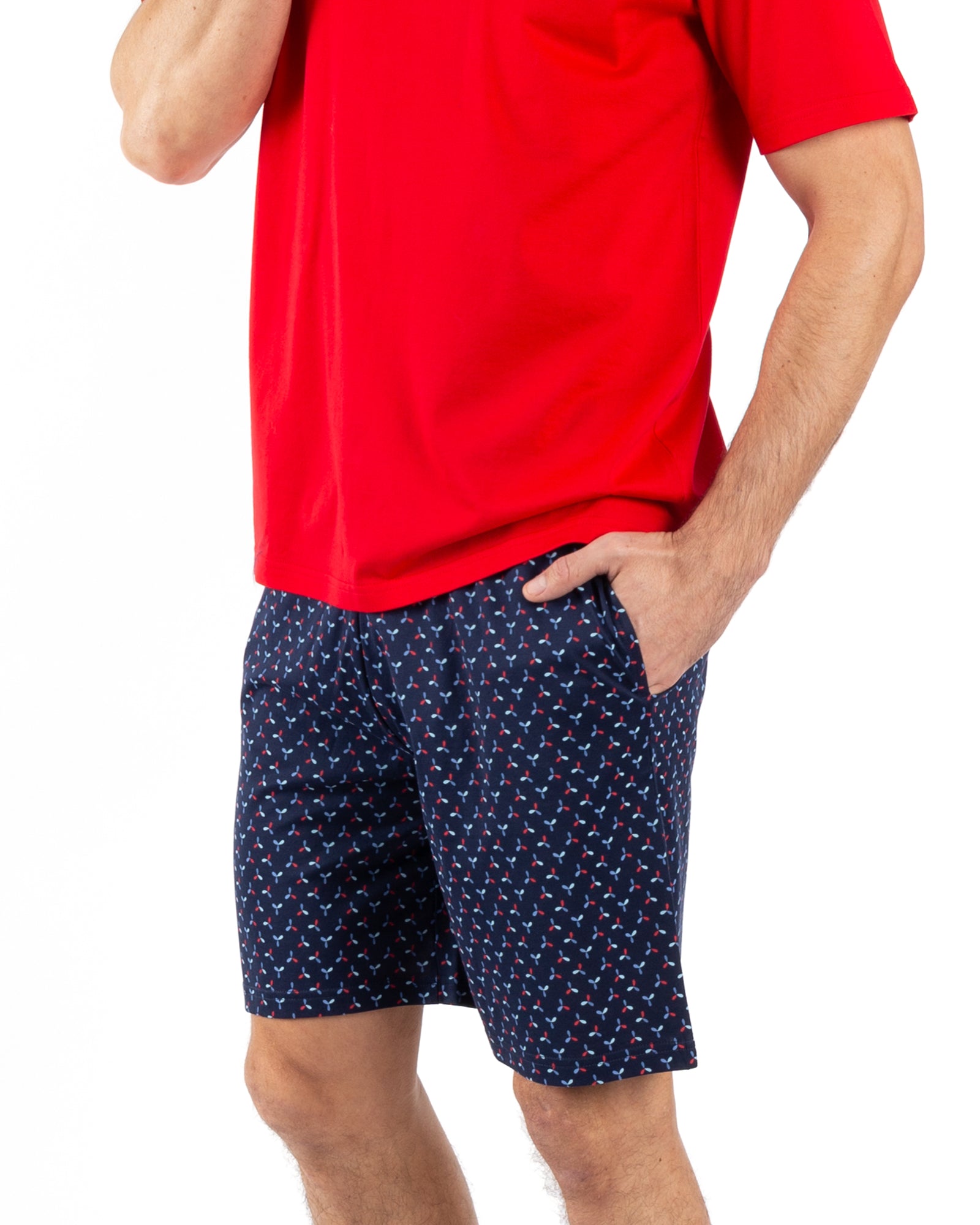 Pyjama Court Col Boutonné en Jersey de Coton Mercerisé Imprimé ROUGE et MARINE