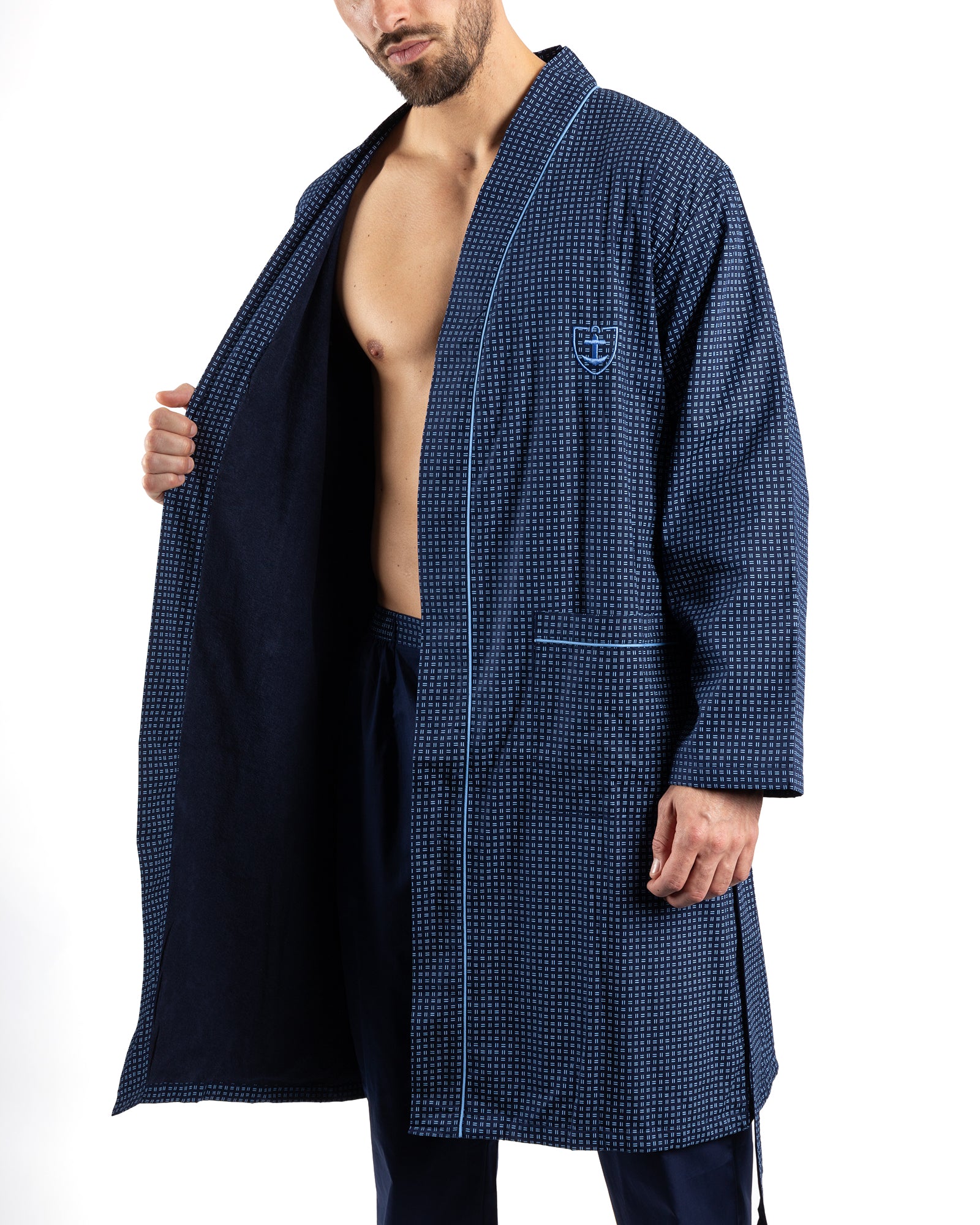 Peignoir en Popeline Imprimée pur Coton Doublée Eponge BLEU MARINE E719