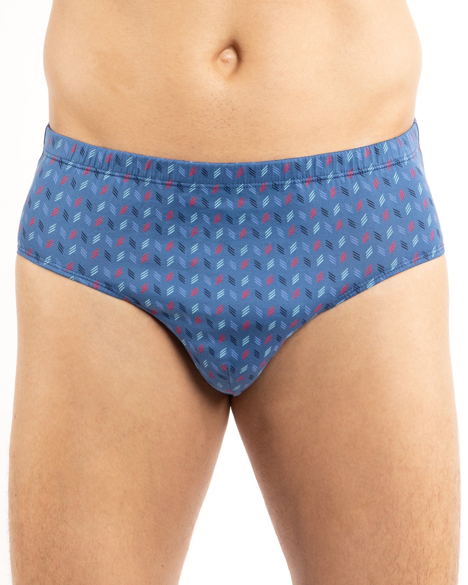 Slip taille haute fermé bleu marine avec motifs graphiques, conçu en coton mercerisé pour un confort optimal.