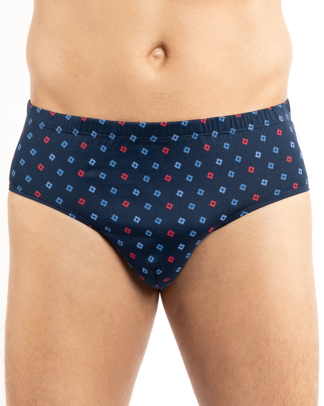 Slip taille haute fermé bleu avec motifs colorés, alliant élégance et confort respirant.