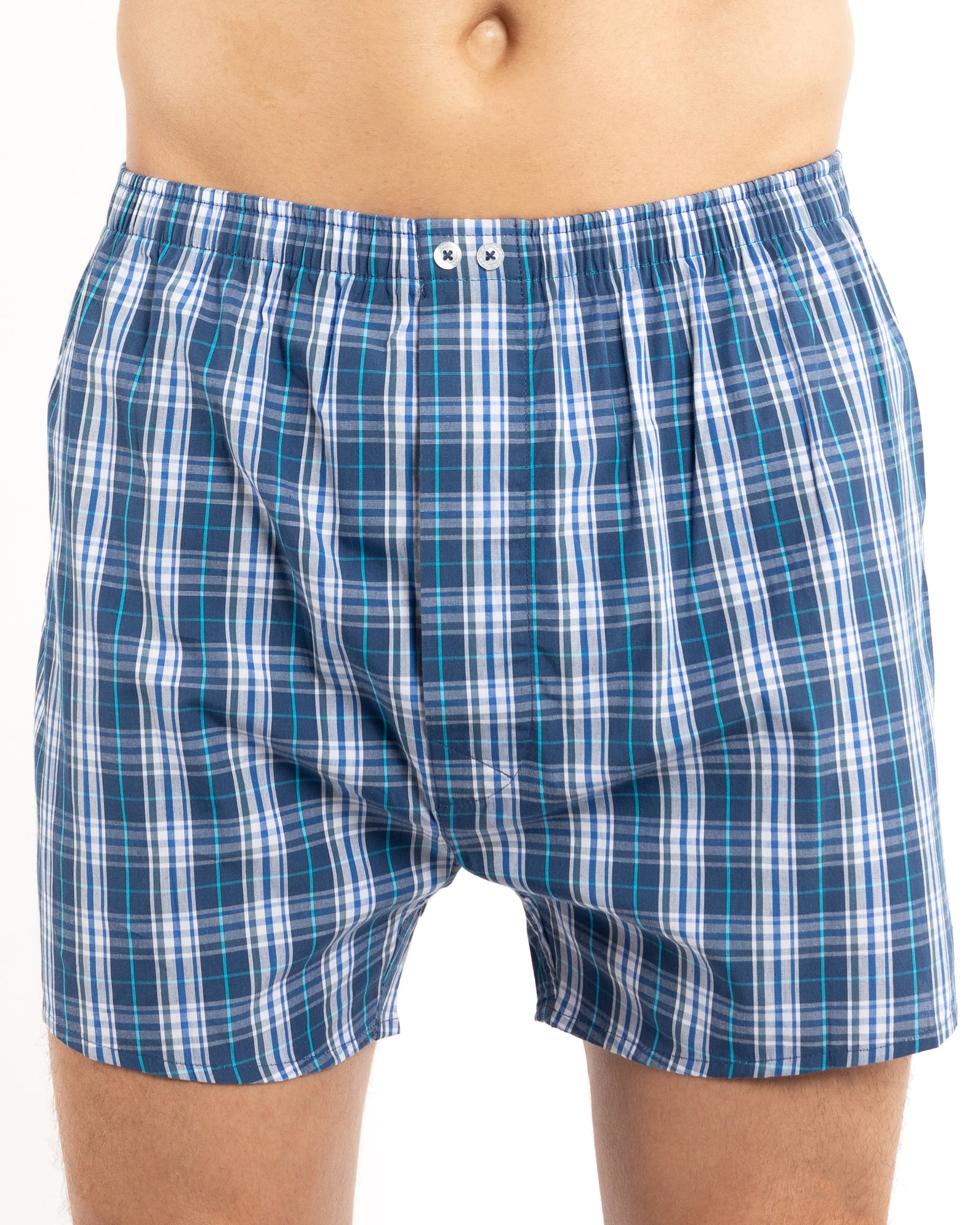Navy Blue Plaid Check Pure Cotton Poplin Boxer Shorts