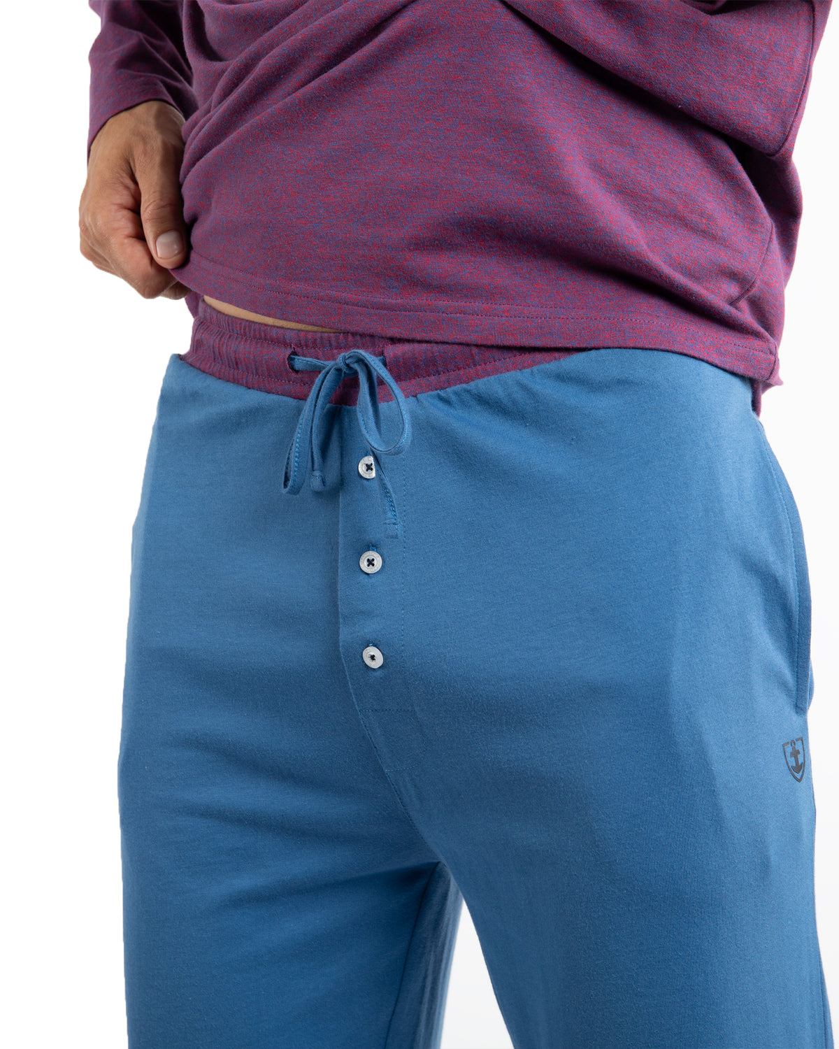 Buttoned Collar Pajamas in Navy Cotton Jersey with Brown Stripes