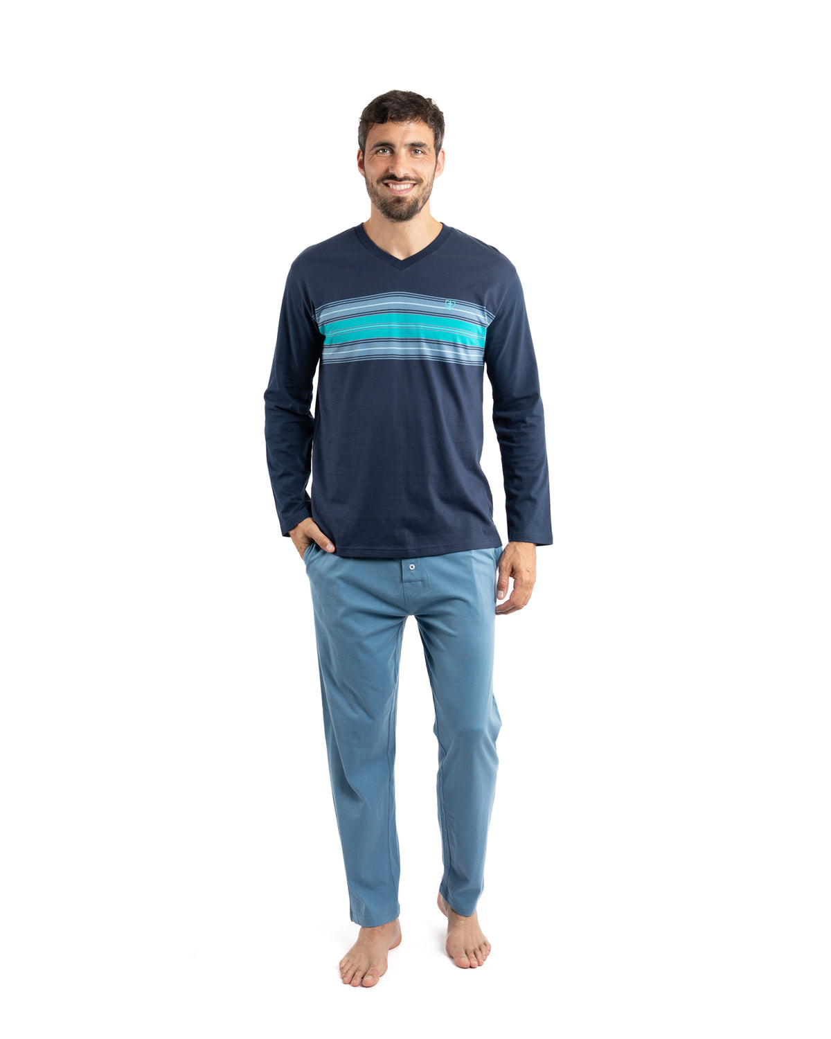 Blue Striped Cotton Jersey V-Neck Pajamas