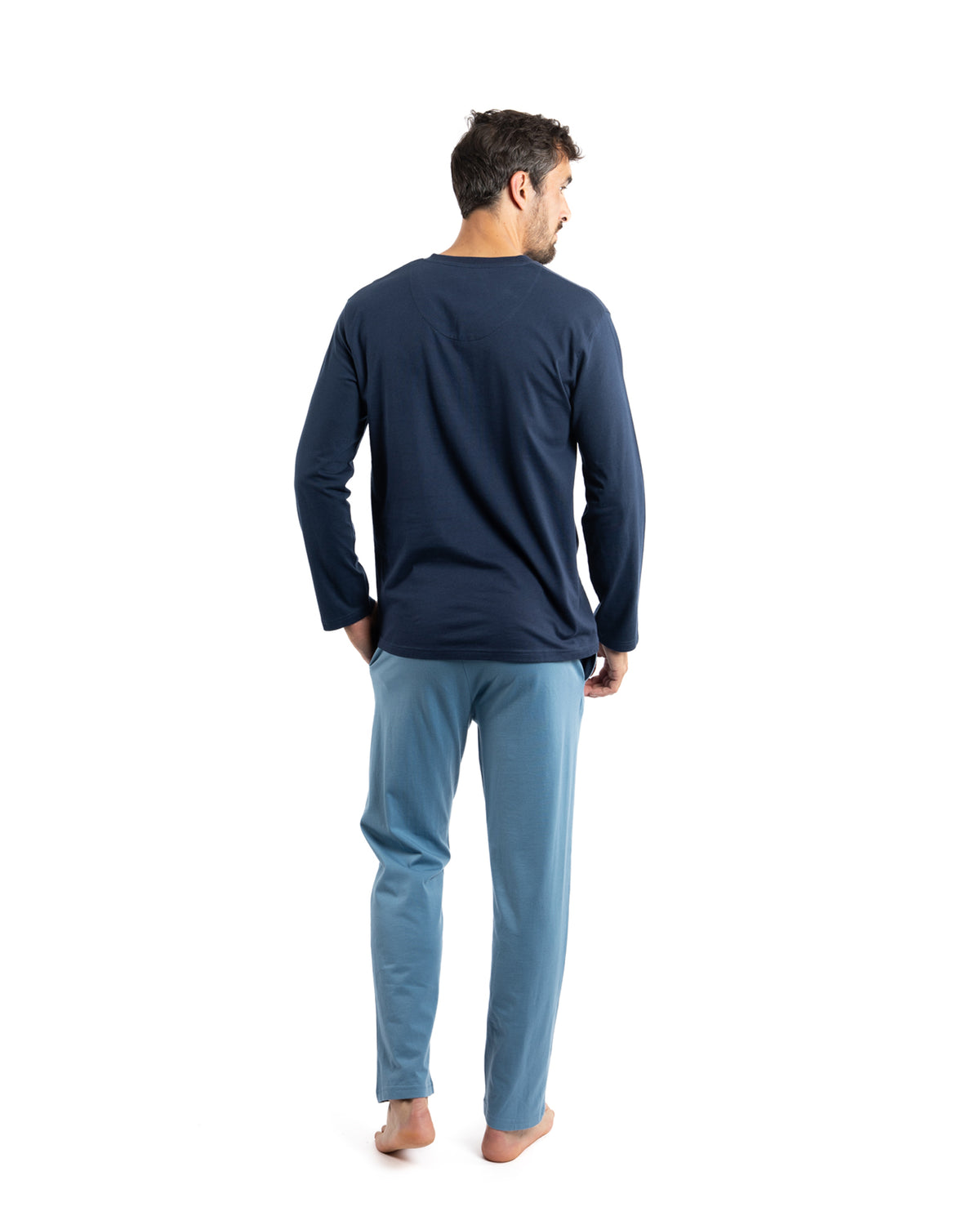 Blue Striped Cotton Jersey V-Neck Pajamas