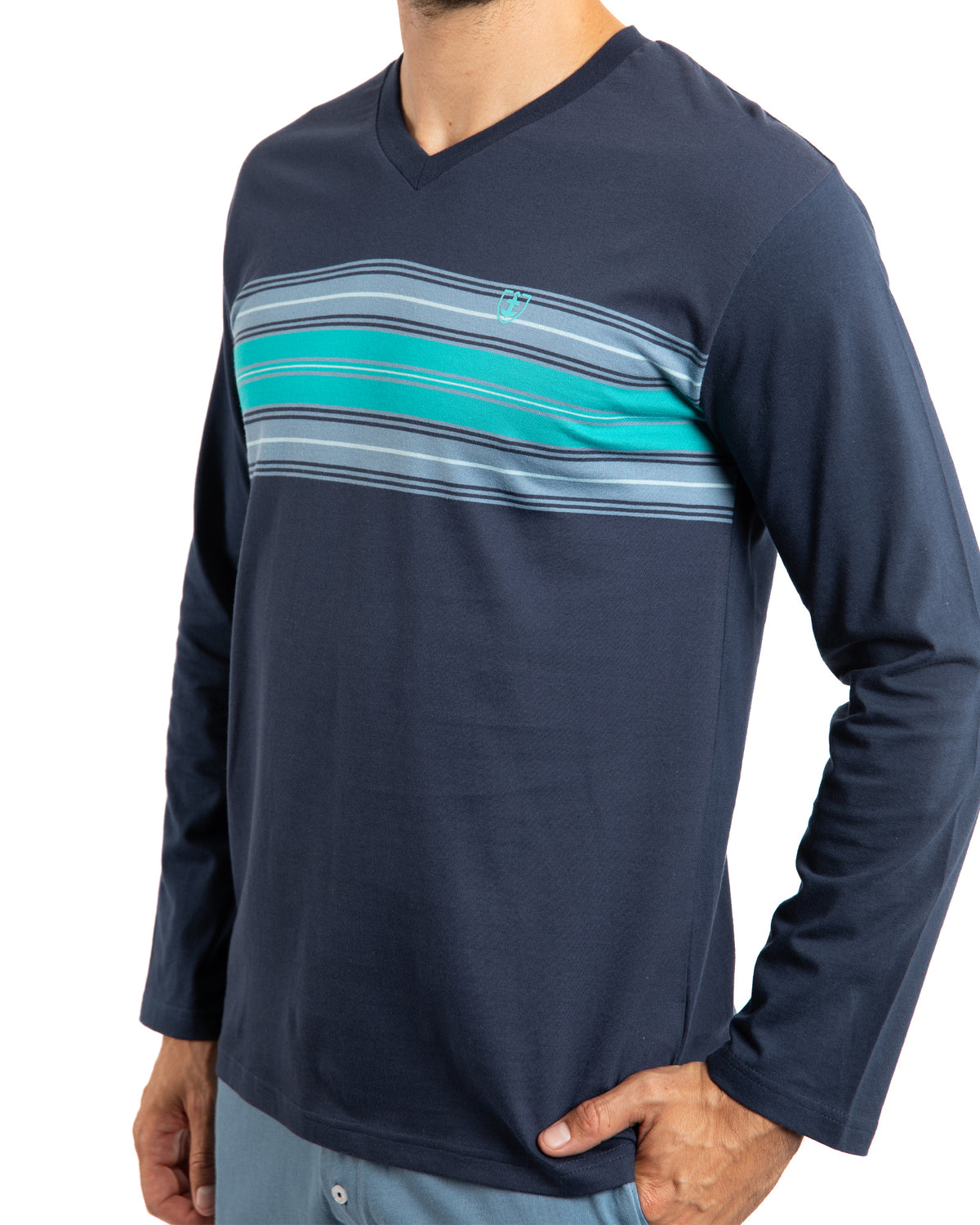 Blue Striped Cotton Jersey V-Neck Pajamas