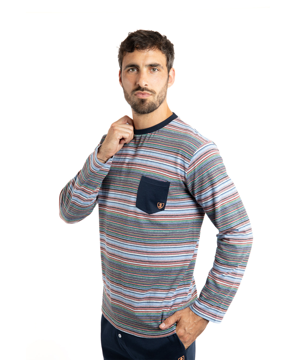 Round Neck Pajamas in Burgundy and Navy Cotton Jersey