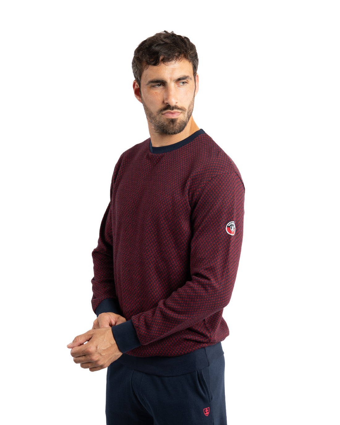 Round Neck Pajamas in Navy Piqué Knit Cotton Jersey
