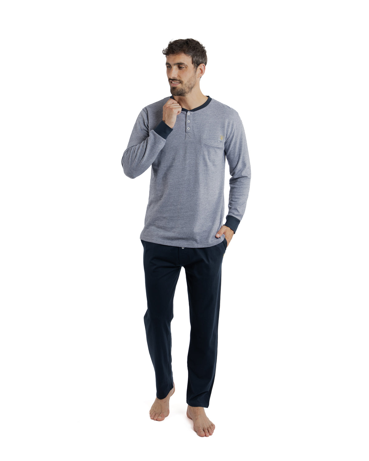Buttoned Collar Pajamas in Brown Cotton Jersey Heather Effect Navy Trousers