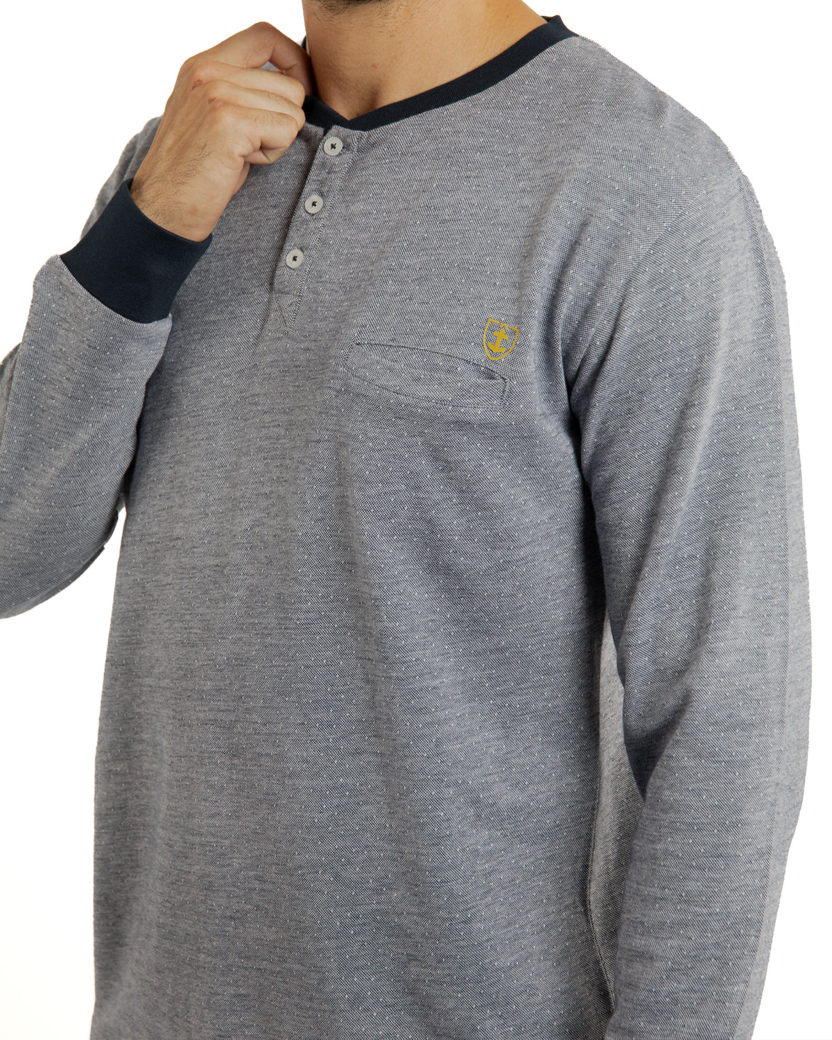 Buttoned Collar Pajamas in Brown Cotton Jersey Heather Effect Navy Trousers