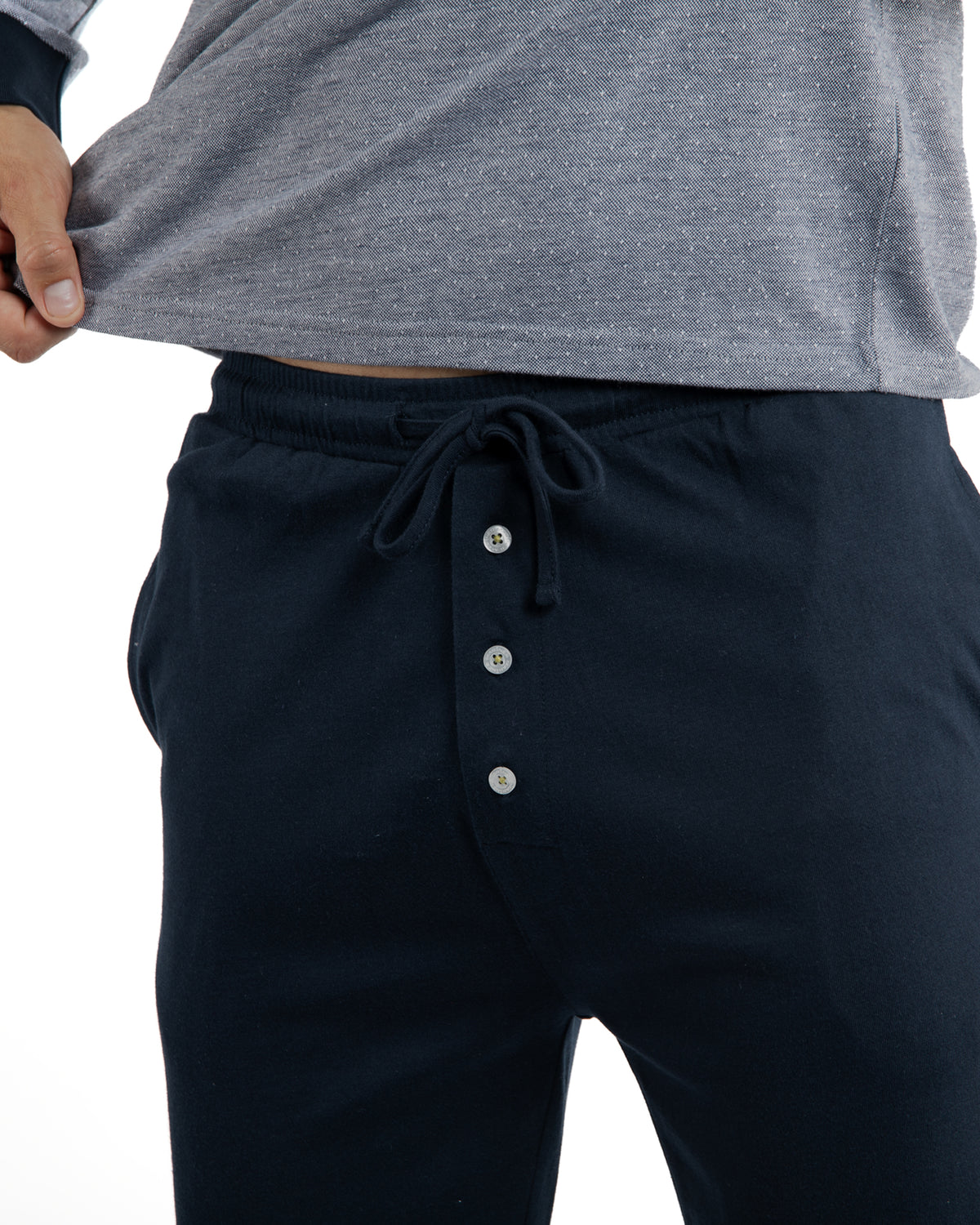 Buttoned Collar Pajamas in Brown Cotton Jersey Heather Effect Navy Trousers