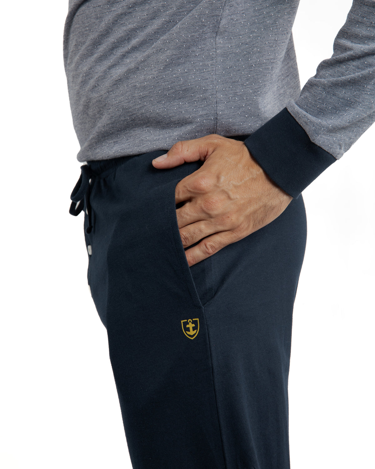 Buttoned Collar Pajamas in Brown Cotton Jersey Heather Effect Navy Trousers