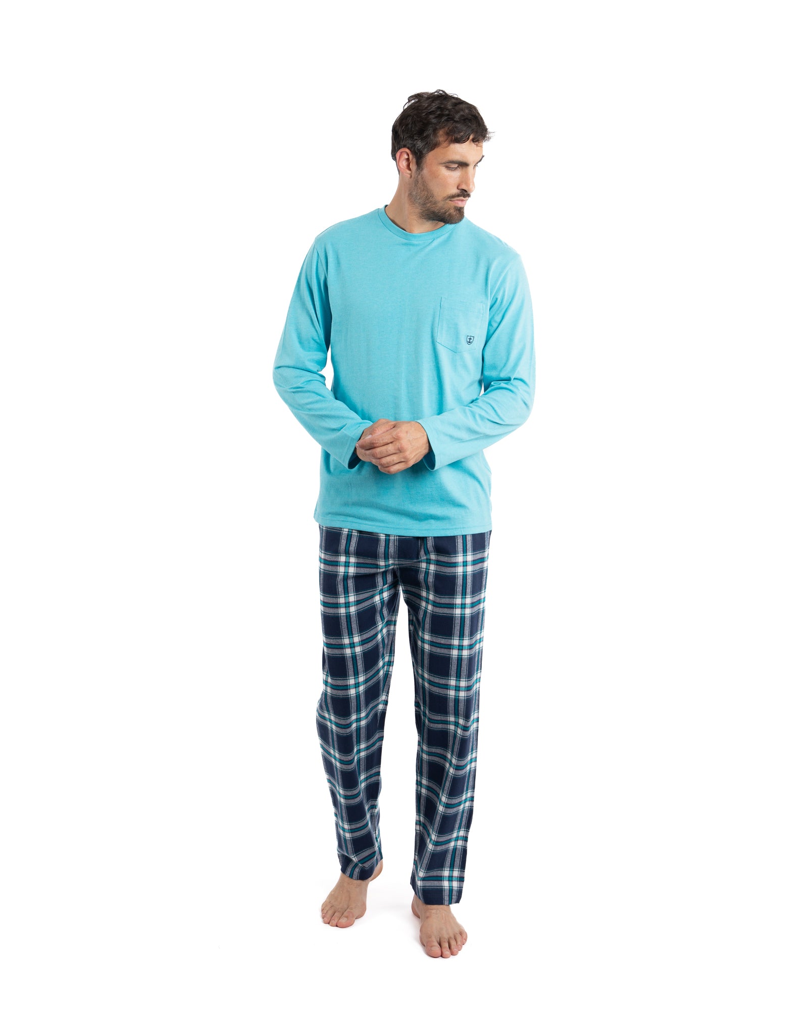 Pyjama Long bi-matière chaud en jersey de coton et flanelle turquoise F490