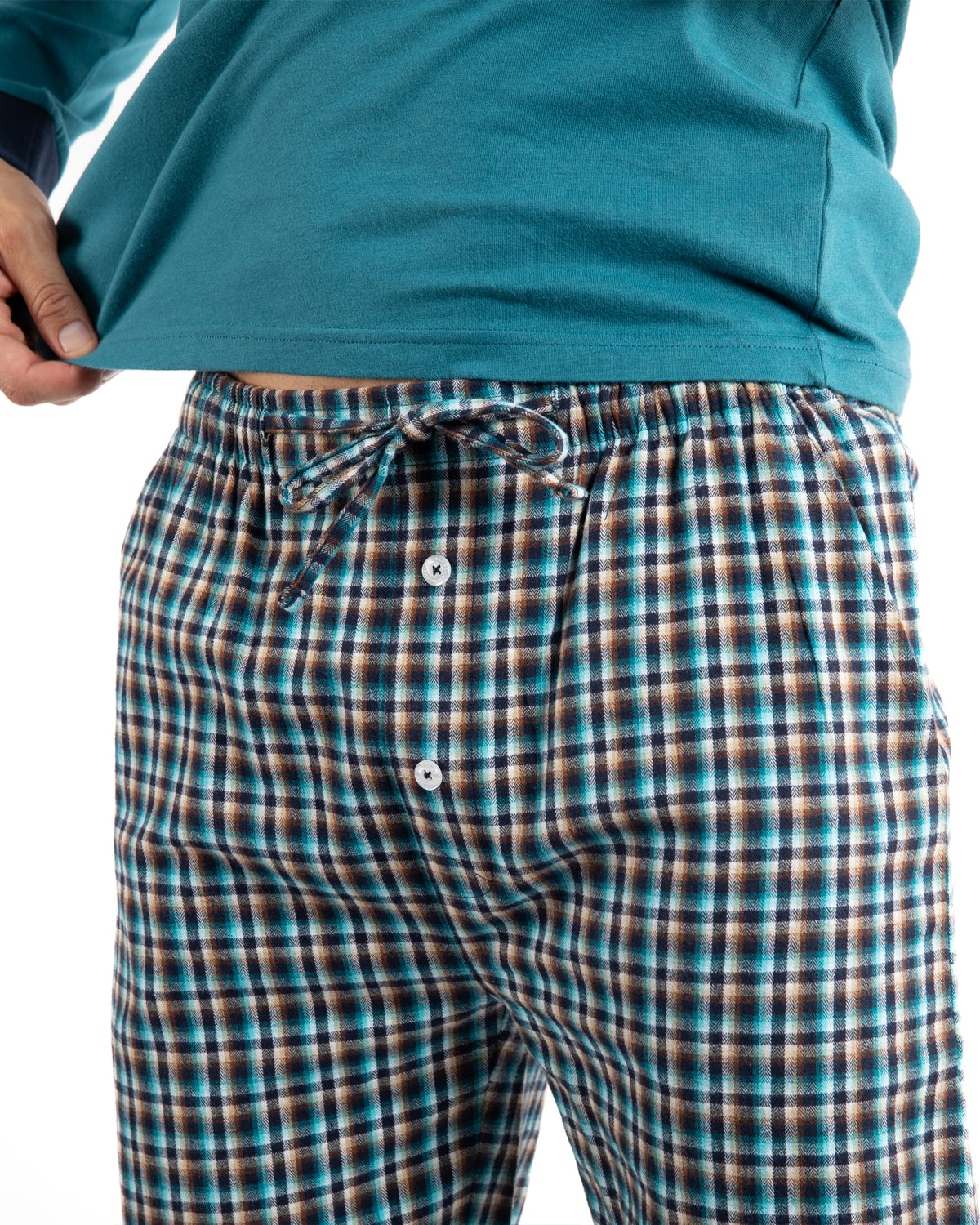 Pyjama Long col boutonné en jersey pur coton bleu pétrole et flanelle F491