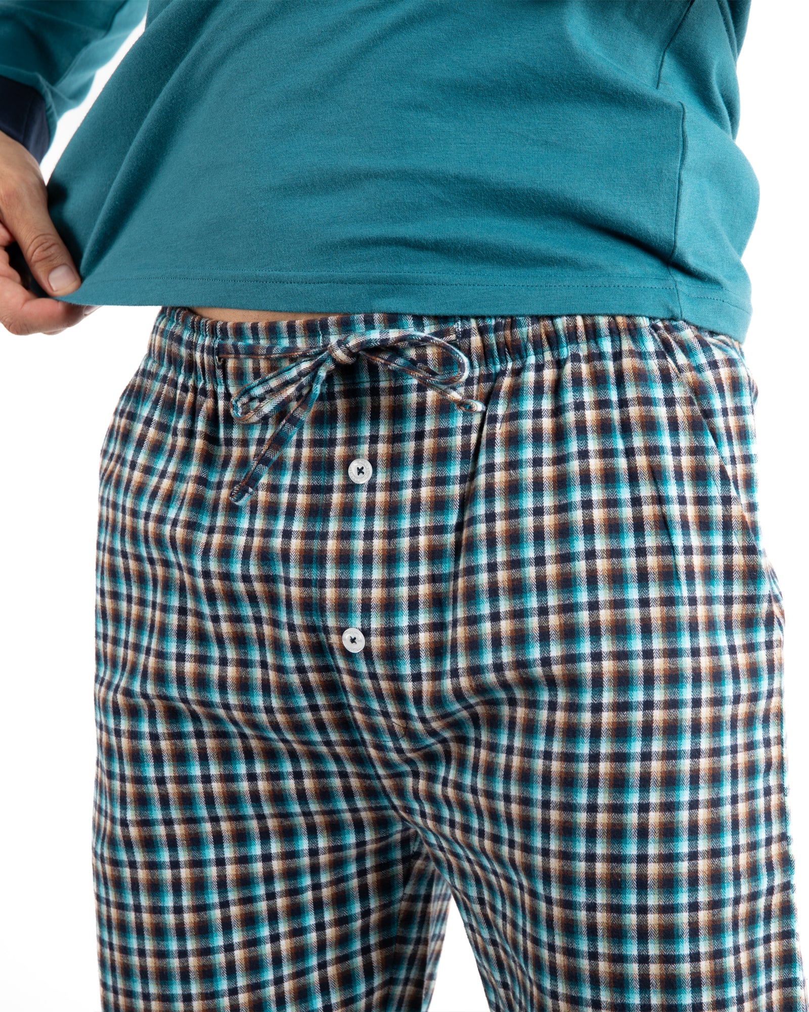 Pyjama Long col boutonné en jersey pur coton bleu pétrole et flanelle F491