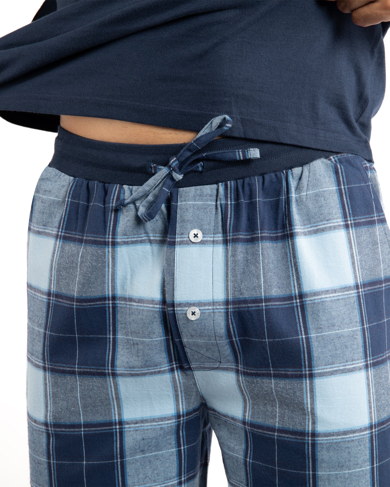 Pyjama Long col rond homme bi-matière en jersey et flanelle marine F492