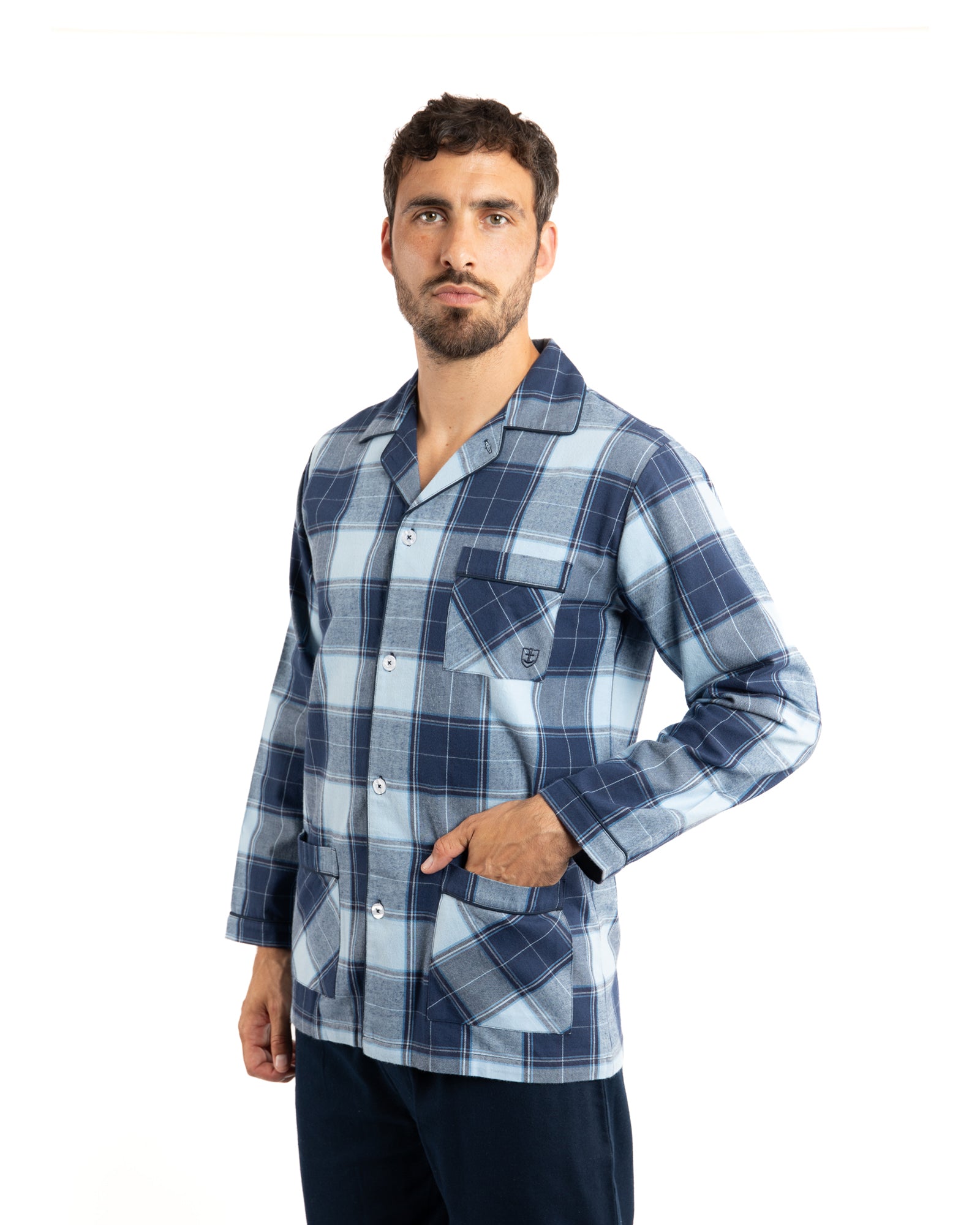 Pyjama Long ouvert en flanelle de pur coton peigné à carreaux écossais bleu F495