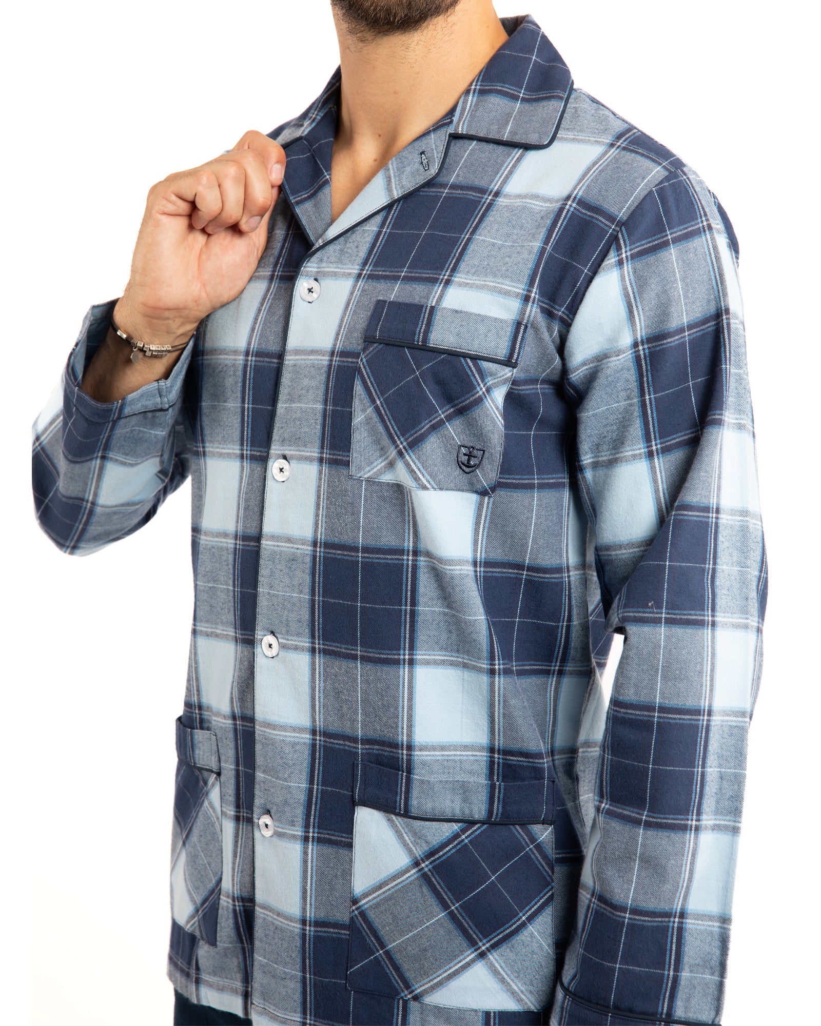 Pyjama Long ouvert en flanelle de pur coton peigné à carreaux écossais bleu F495