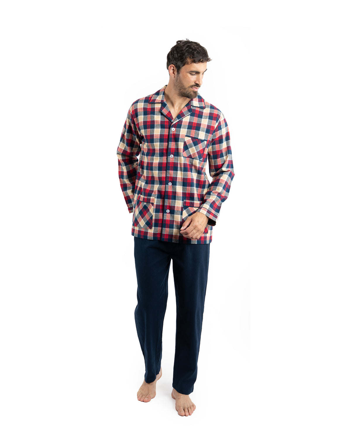 Navy Blue Pure Combed Cotton Flannel Open Long Scottish Check Pajamas