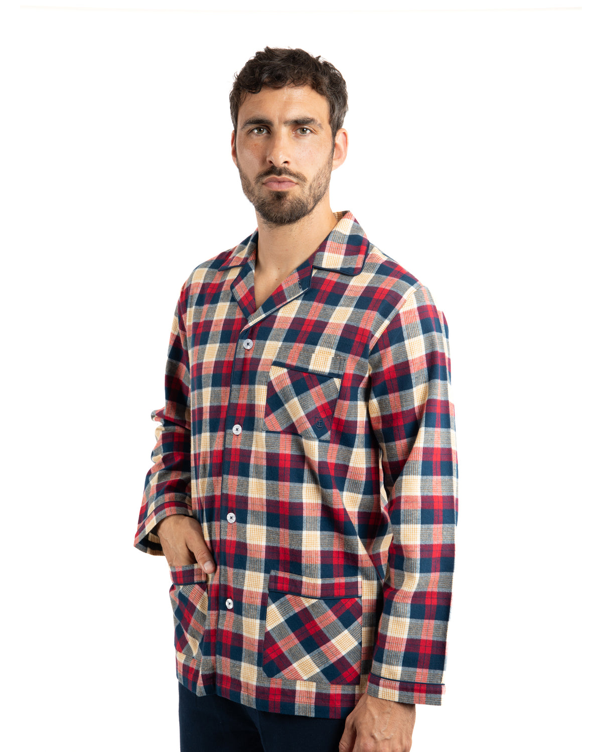 Navy Blue Pure Combed Cotton Flannel Open Long Scottish Check Pajamas