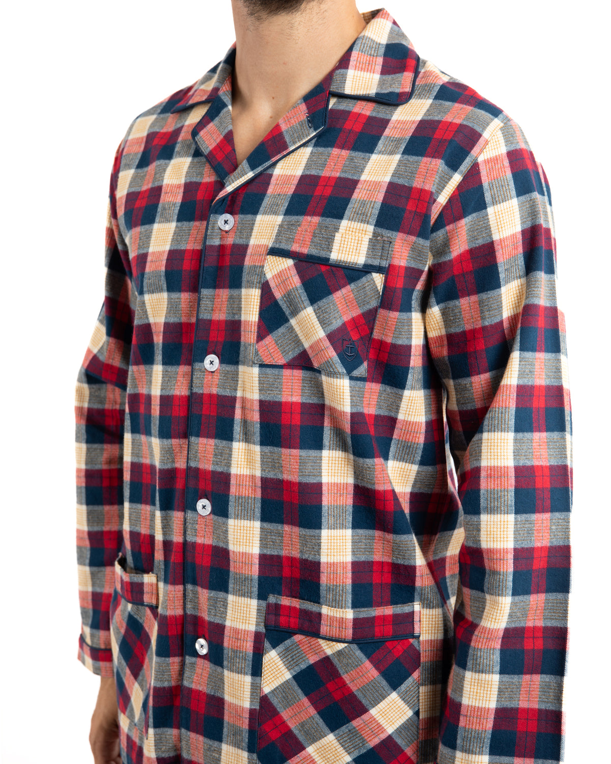 Navy Blue Pure Combed Cotton Flannel Open Long Scottish Check Pajamas