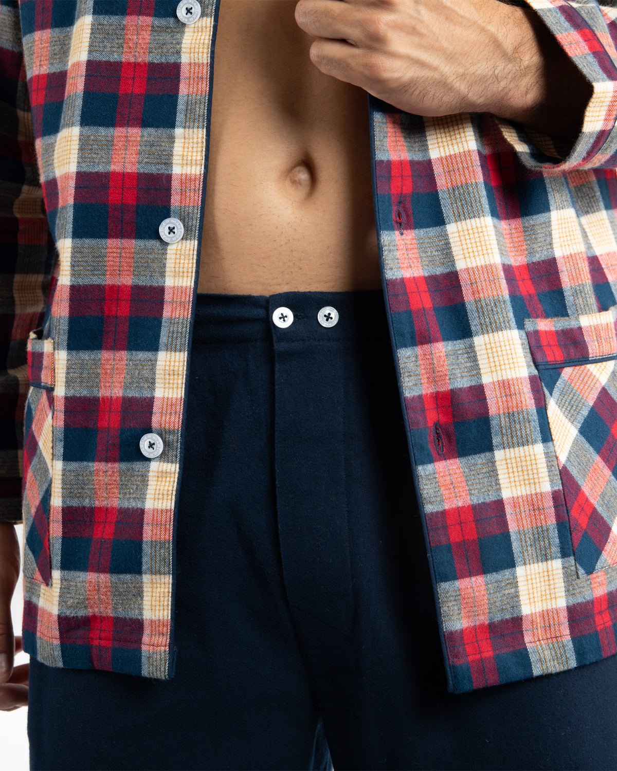 Navy Blue Pure Combed Cotton Flannel Open Long Scottish Check Pajamas