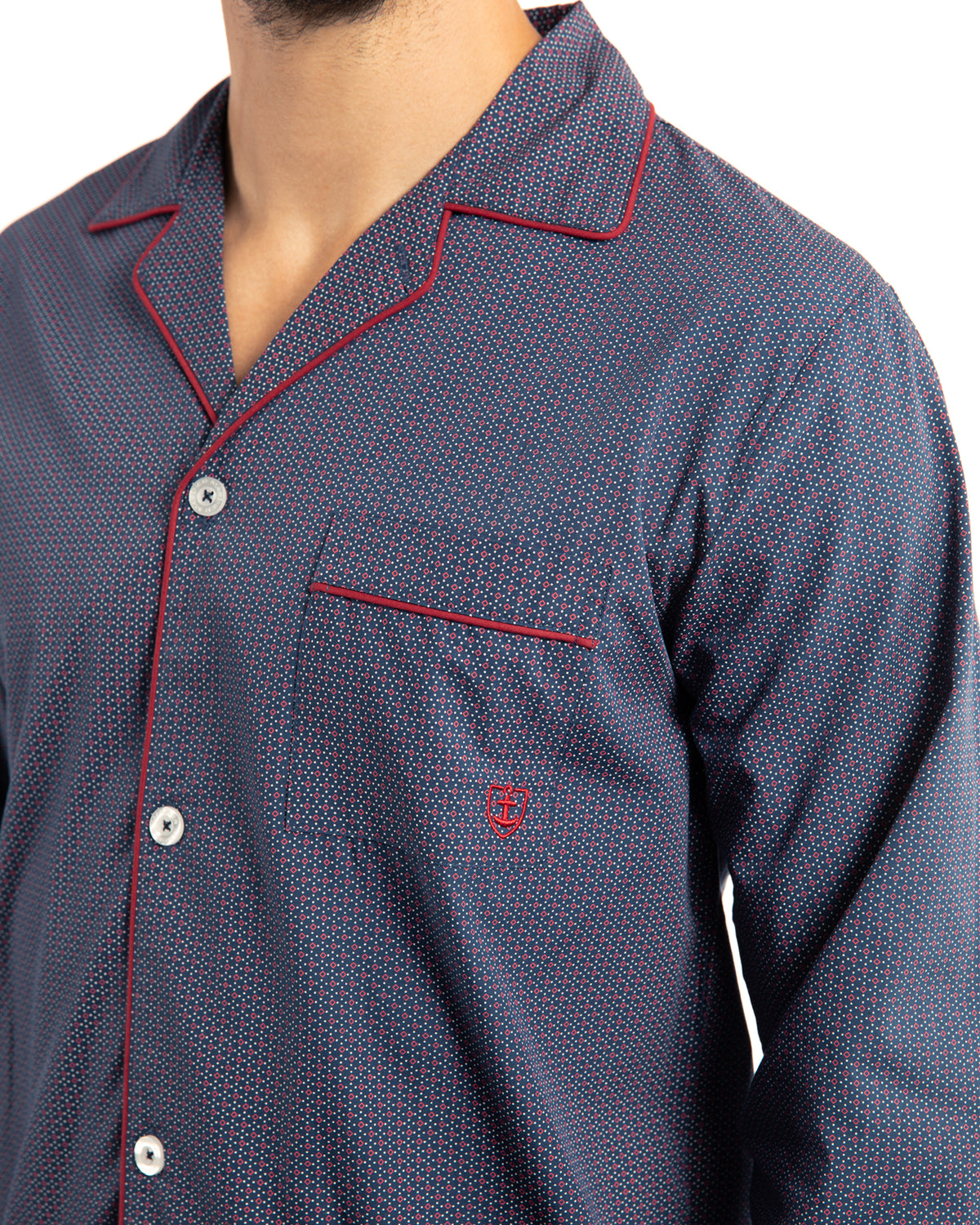 Long Open Pajamas Printed in Pure Combed Cotton Poplin Navy Blue Small Patterns