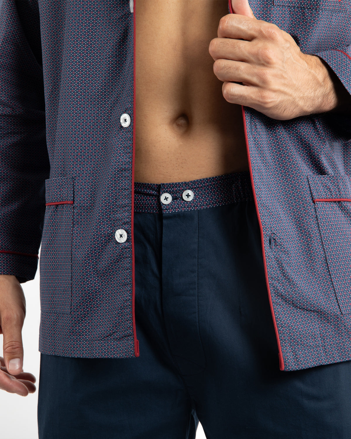 Long Open Pajamas Printed in Pure Combed Cotton Poplin Navy Blue Small Patterns