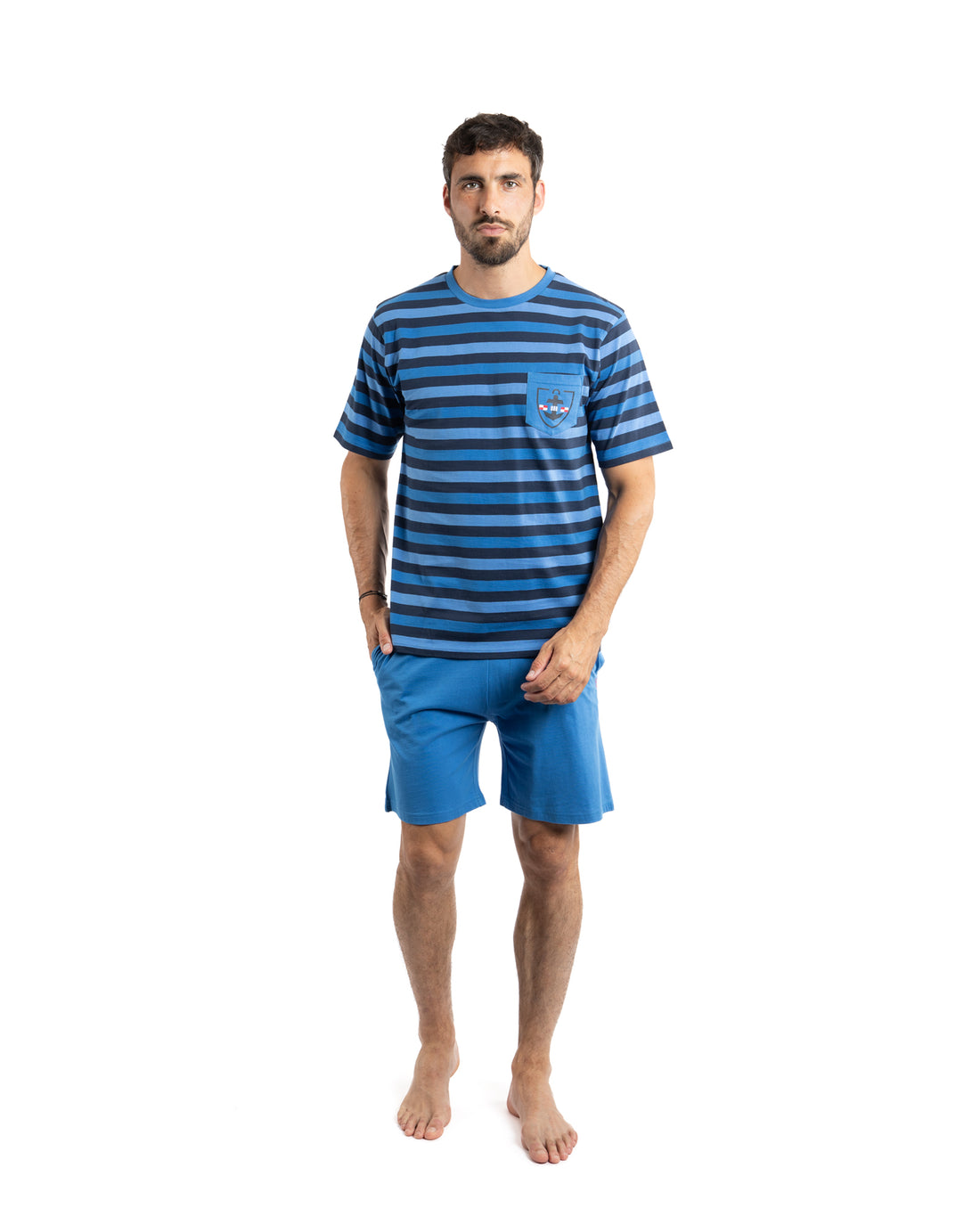 Pyjashort Homme Col Rond en Coton rayé fils teints marine F565