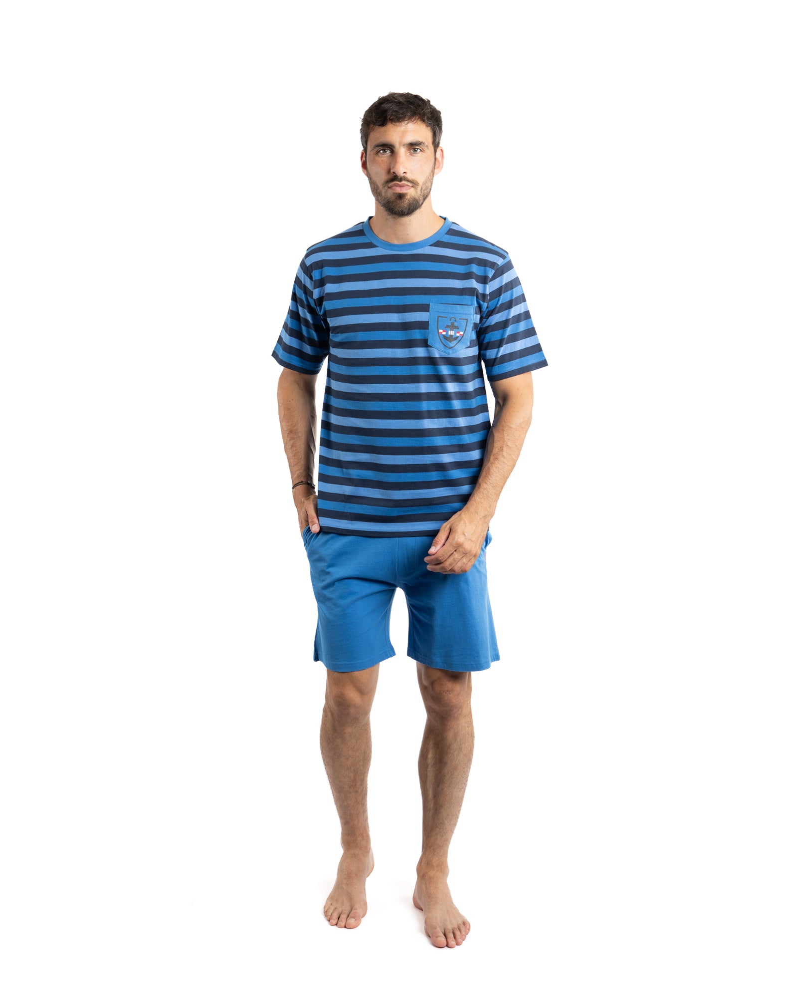 Pyjashort Homme Col Rond en Coton rayé fils teints marine F565