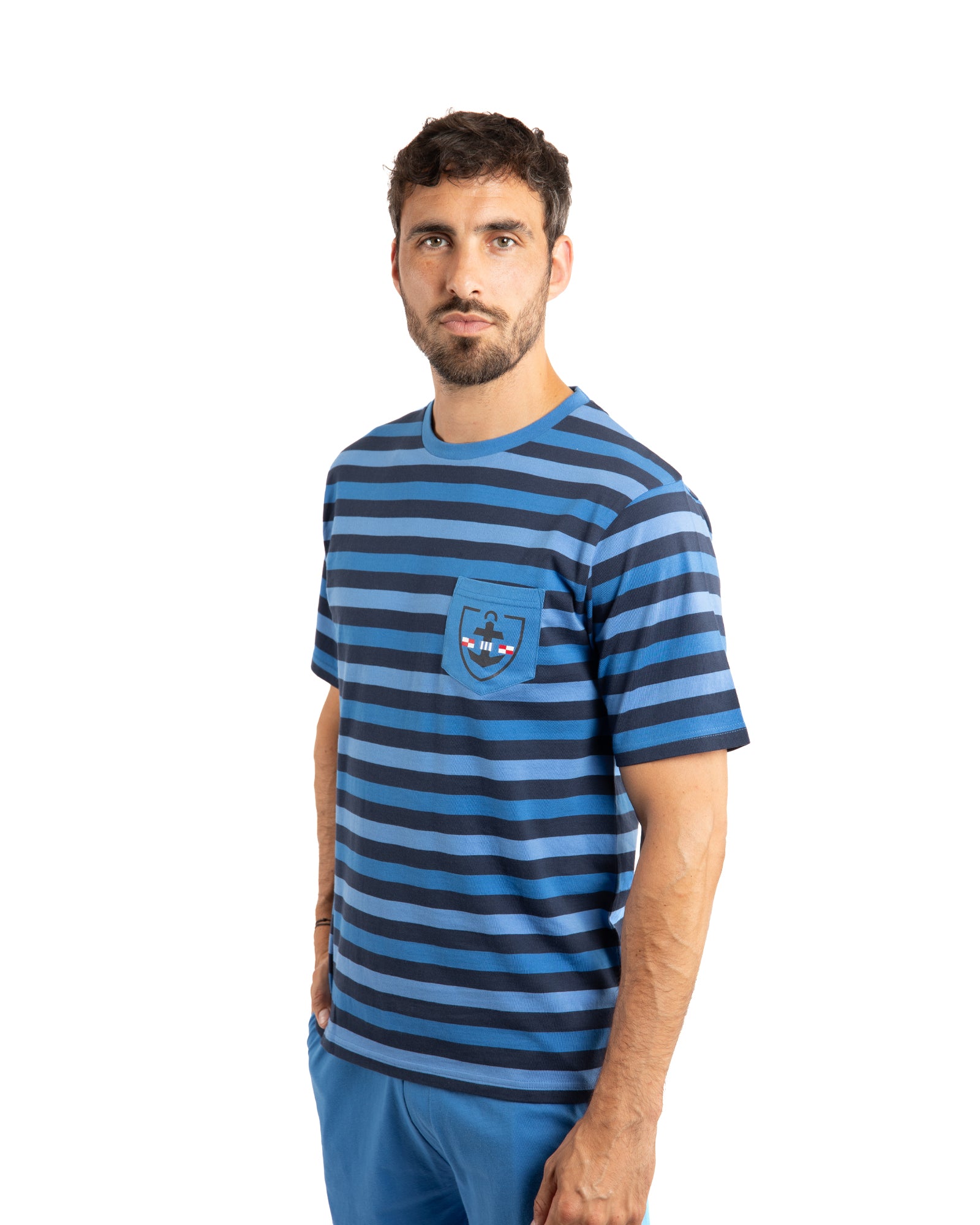 Pyjashort Homme Col Rond en Coton rayé fils teints marine F565