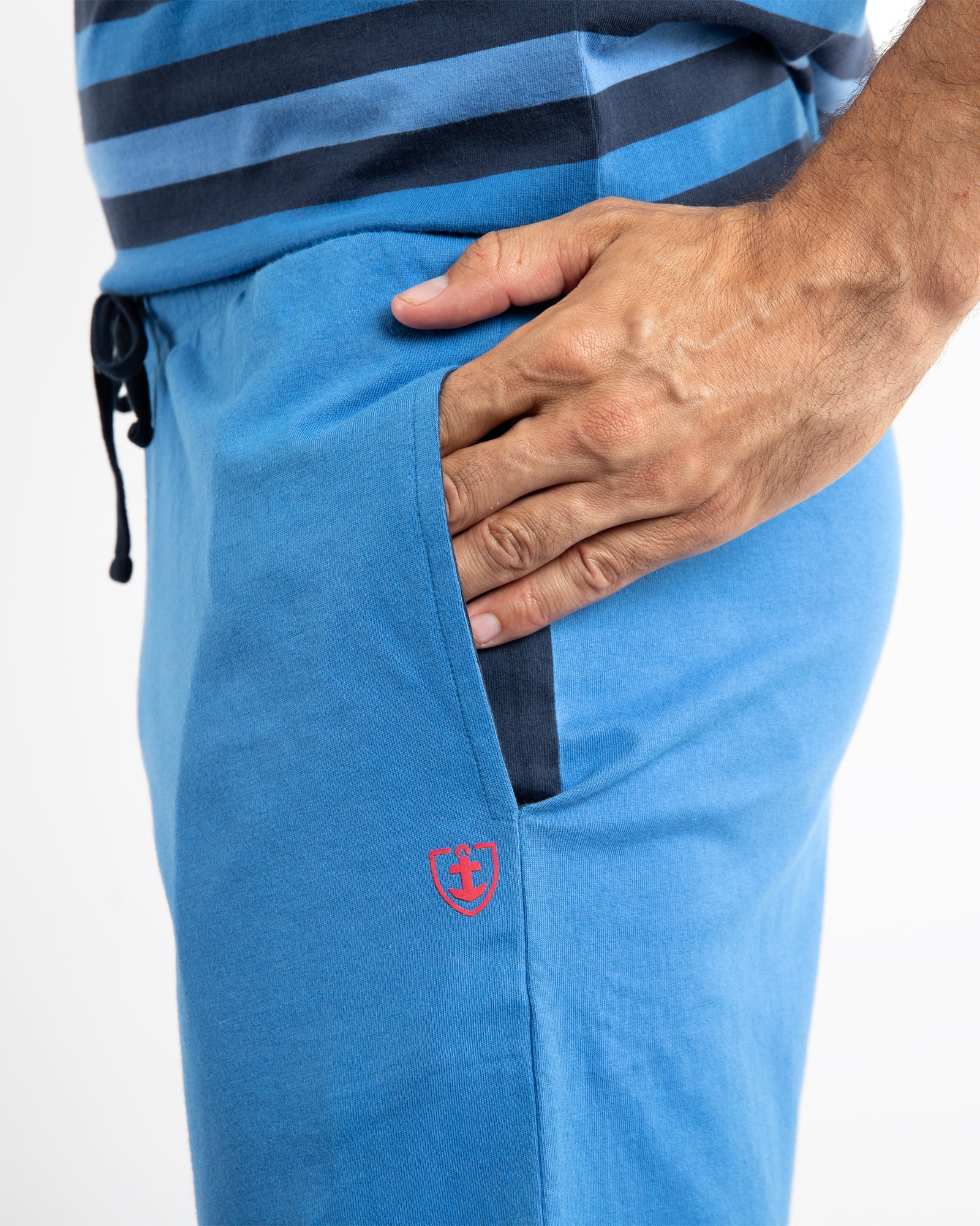 Pyjashort Homme Col Rond en Coton rayé fils teints marine F565