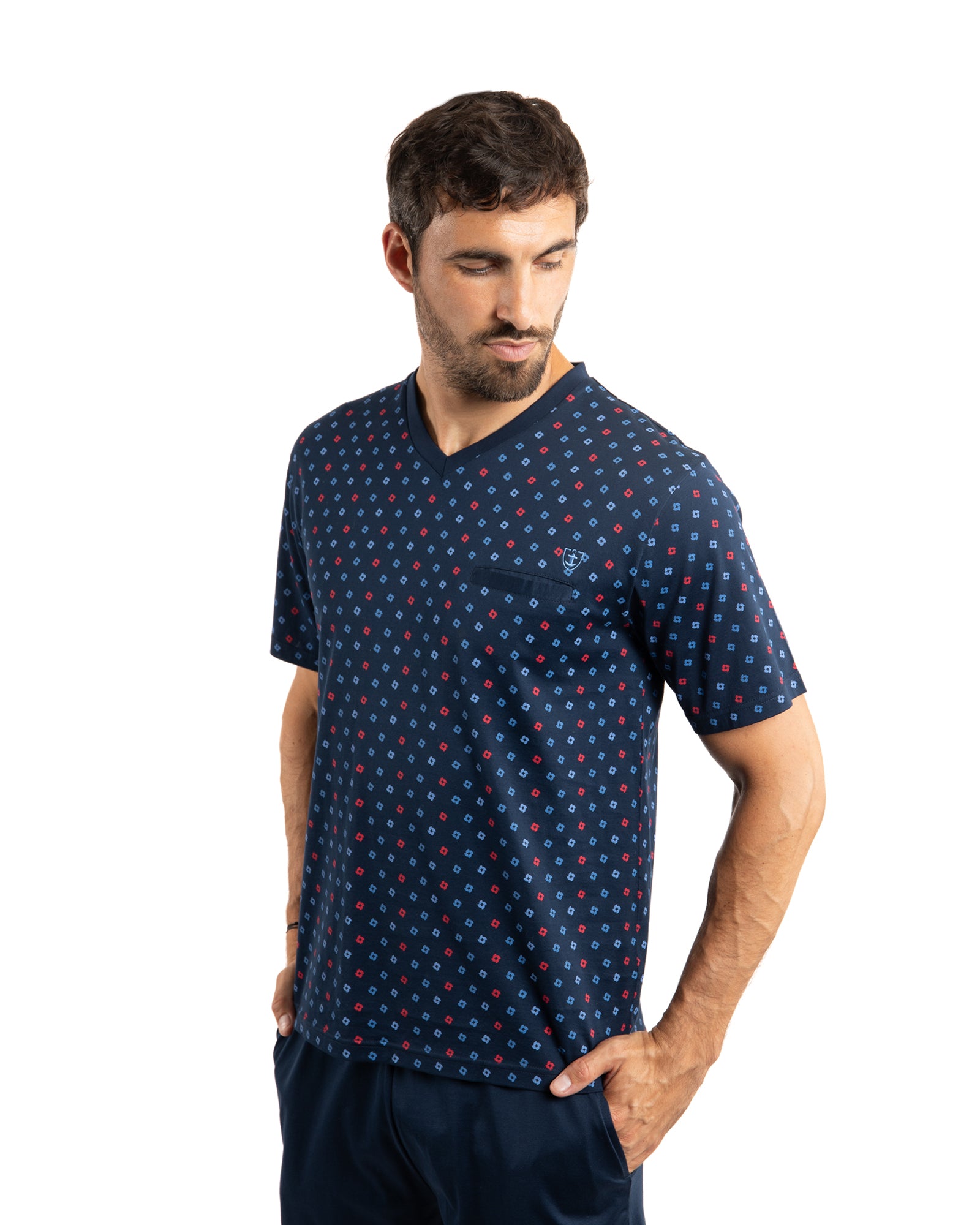 Pyjacourt Col V en Jersey de Coton Mercerisé Marine F568