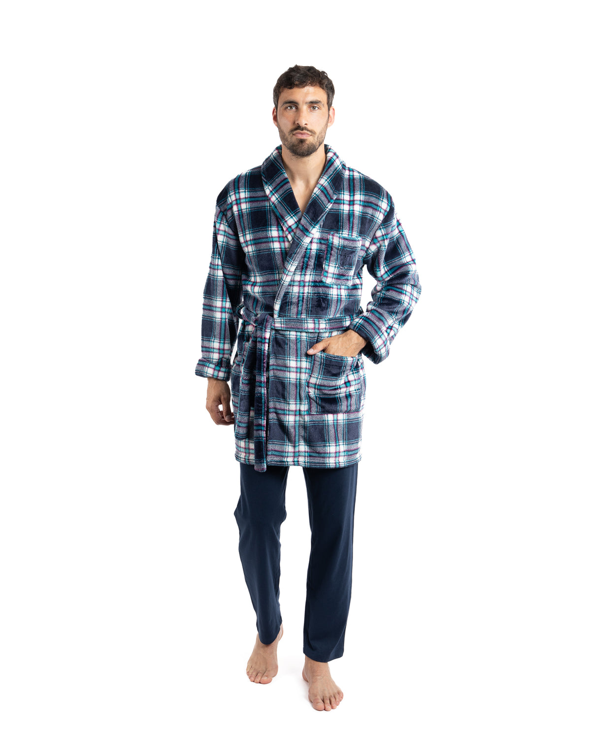 Blue Plaid Printed Micro Fleece Shawl Collar Kimono