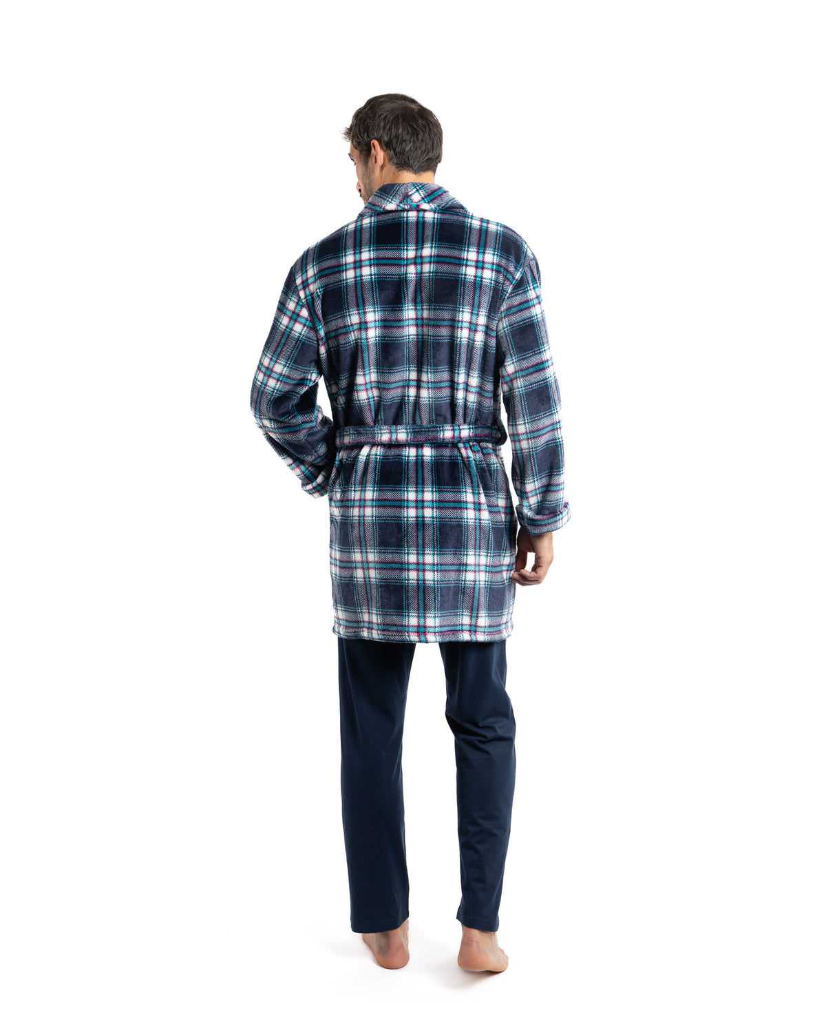 Blue Plaid Printed Micro Fleece Shawl Collar Kimono
