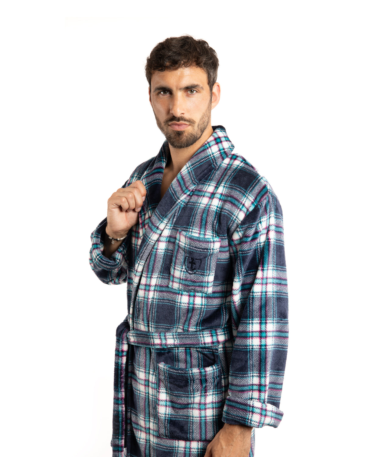 Blue Plaid Printed Micro Fleece Shawl Collar Kimono