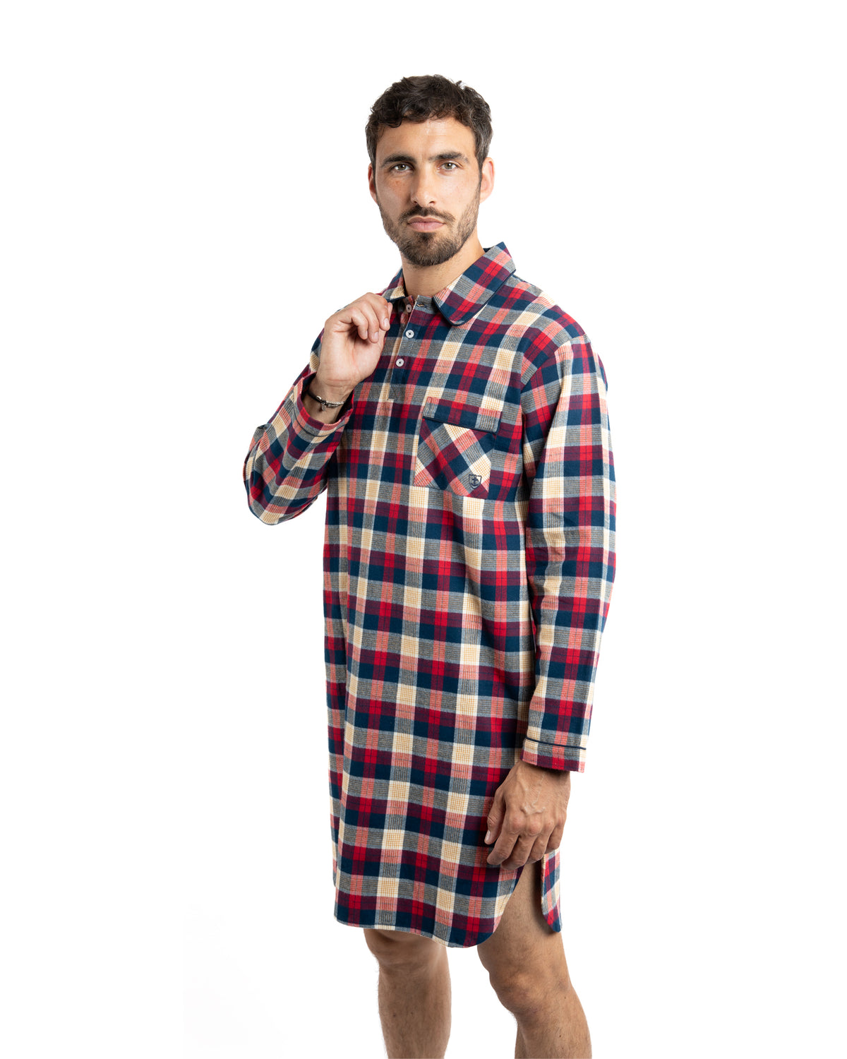 Long Shirt Collar Checked Flannel Shirt Pure Combed Cotton Beige